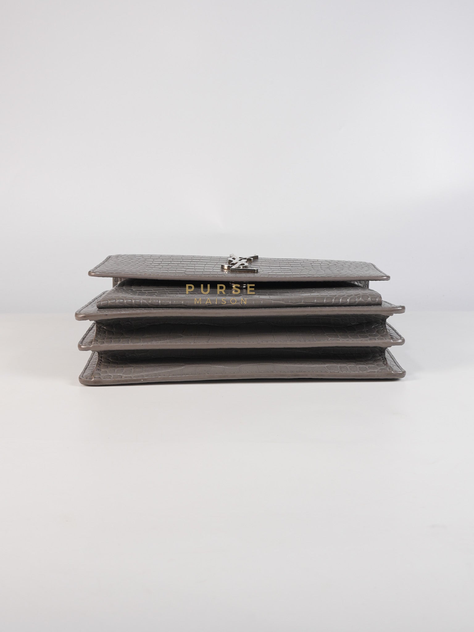Sunset Bag in Gray Croc-Embossed Leather & Silver Hardware | Purse Maison Luxury Bags Shop