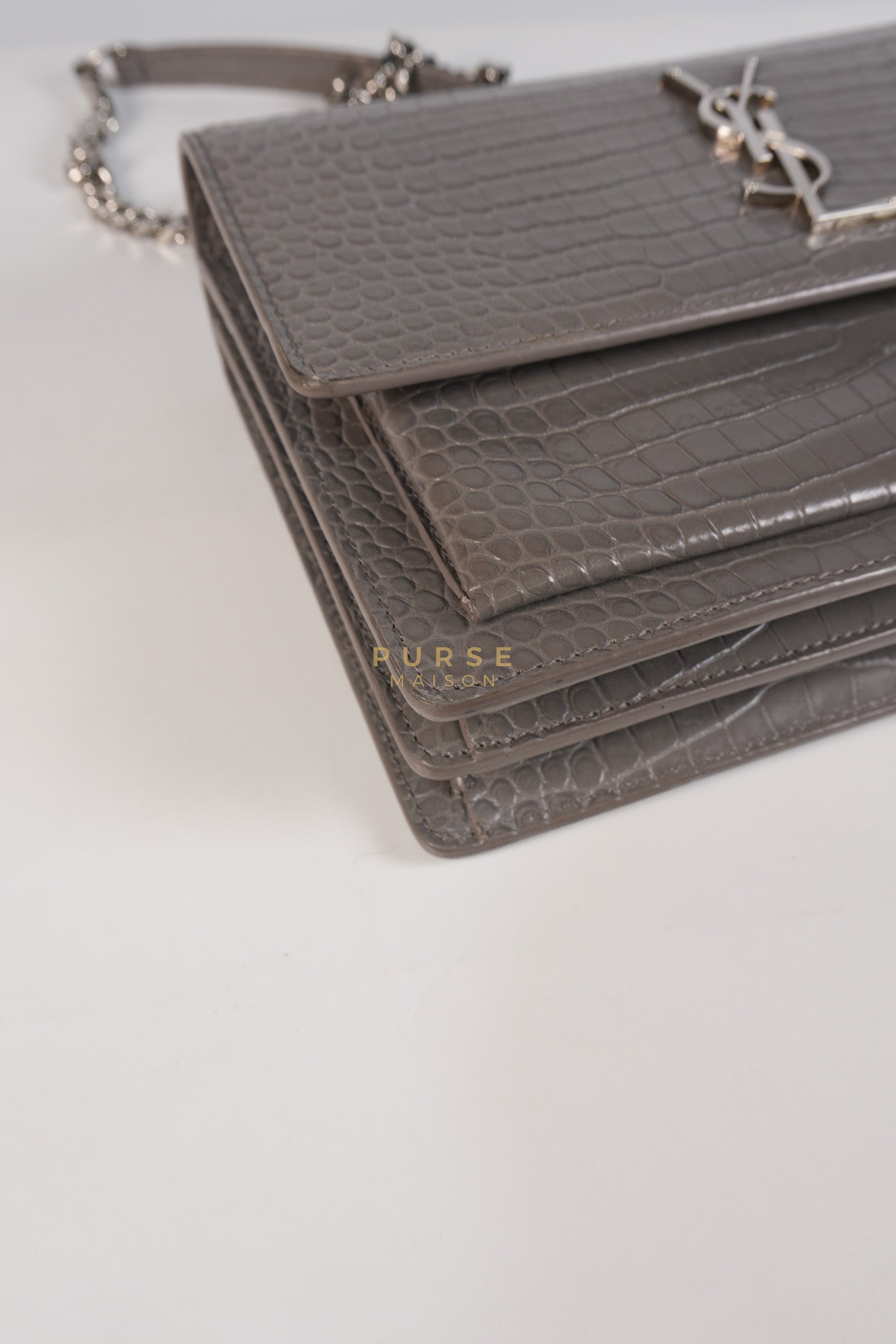 Sunset Bag in Gray Croc-Embossed Leather & Silver Hardware | Purse Maison Luxury Bags Shop
