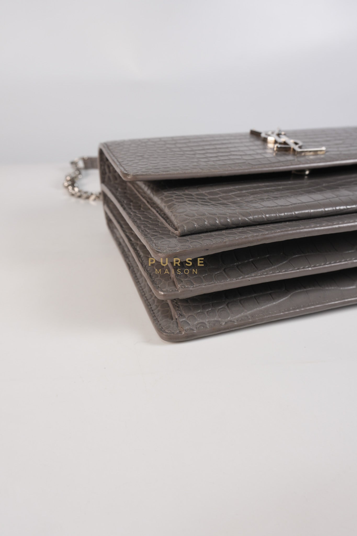 Sunset Bag in Gray Croc-Embossed Leather & Silver Hardware | Purse Maison Luxury Bags Shop