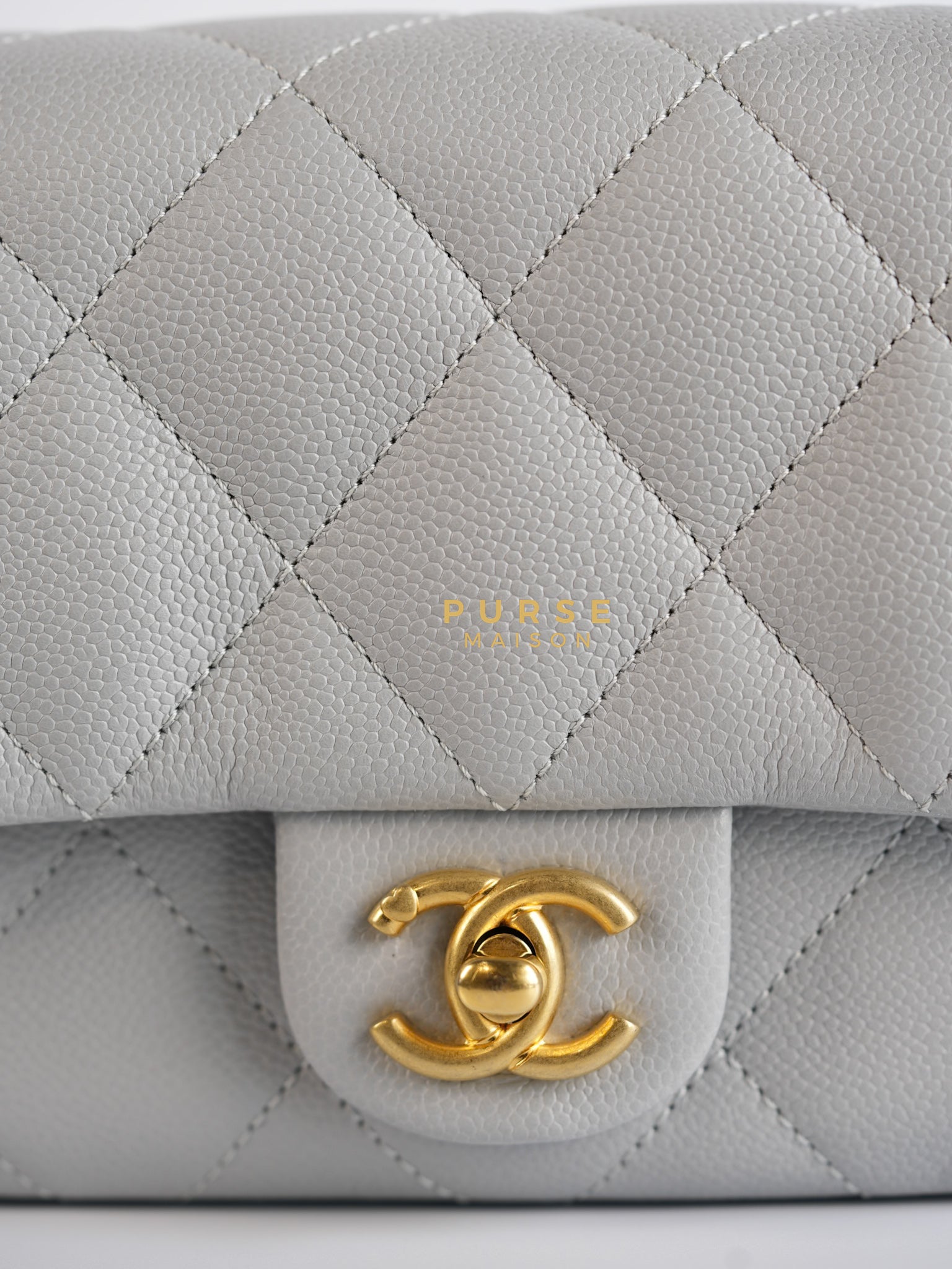 Sweetheart Flap Light Gray in Quilted Caviar Leather & Aged Gold Hardware (Microchip) | Purse Maison Luxury Bags Shop