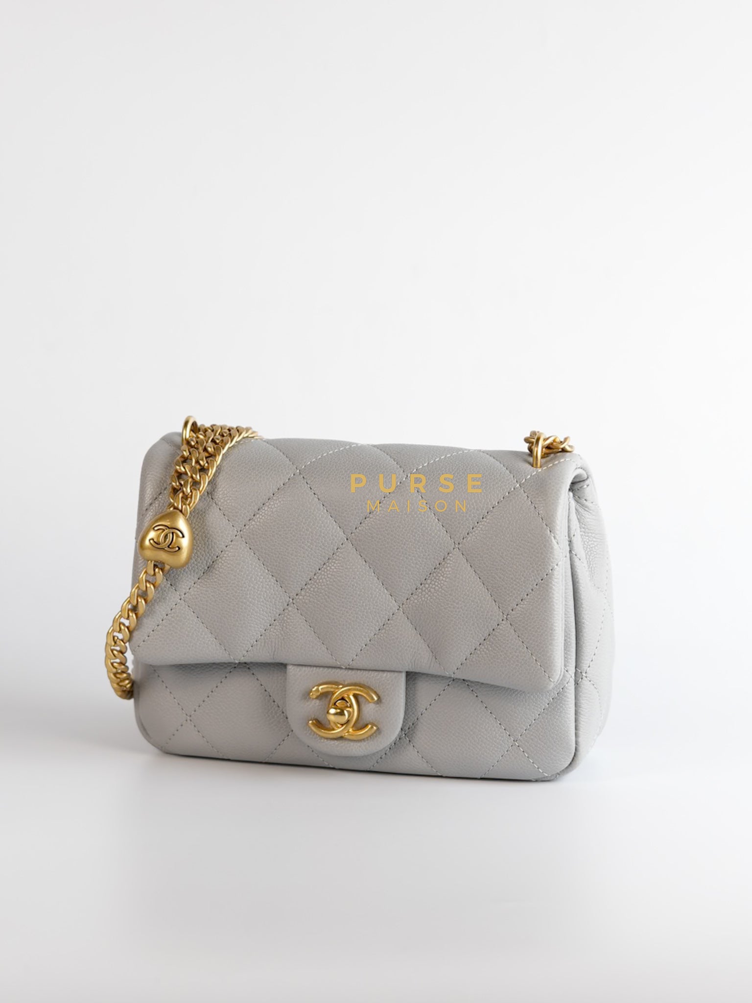 Sweetheart Flap Light Gray in Quilted Caviar Leather & Aged Gold Hardware (Microchip) | Purse Maison Luxury Bags Shop