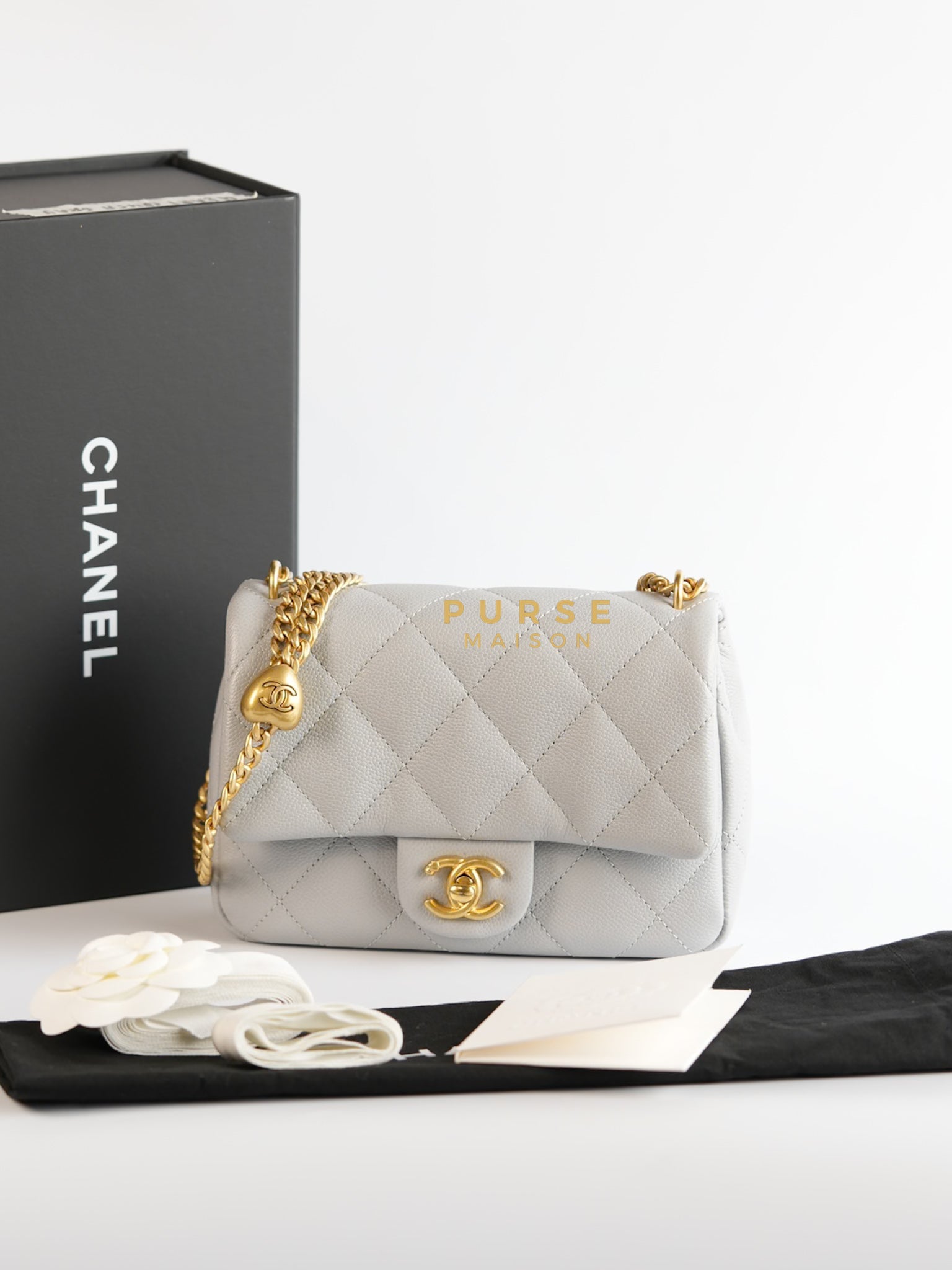 Sweetheart Flap Light Gray in Quilted Caviar Leather & Aged Gold Hardware (Microchip) | Purse Maison Luxury Bags Shop