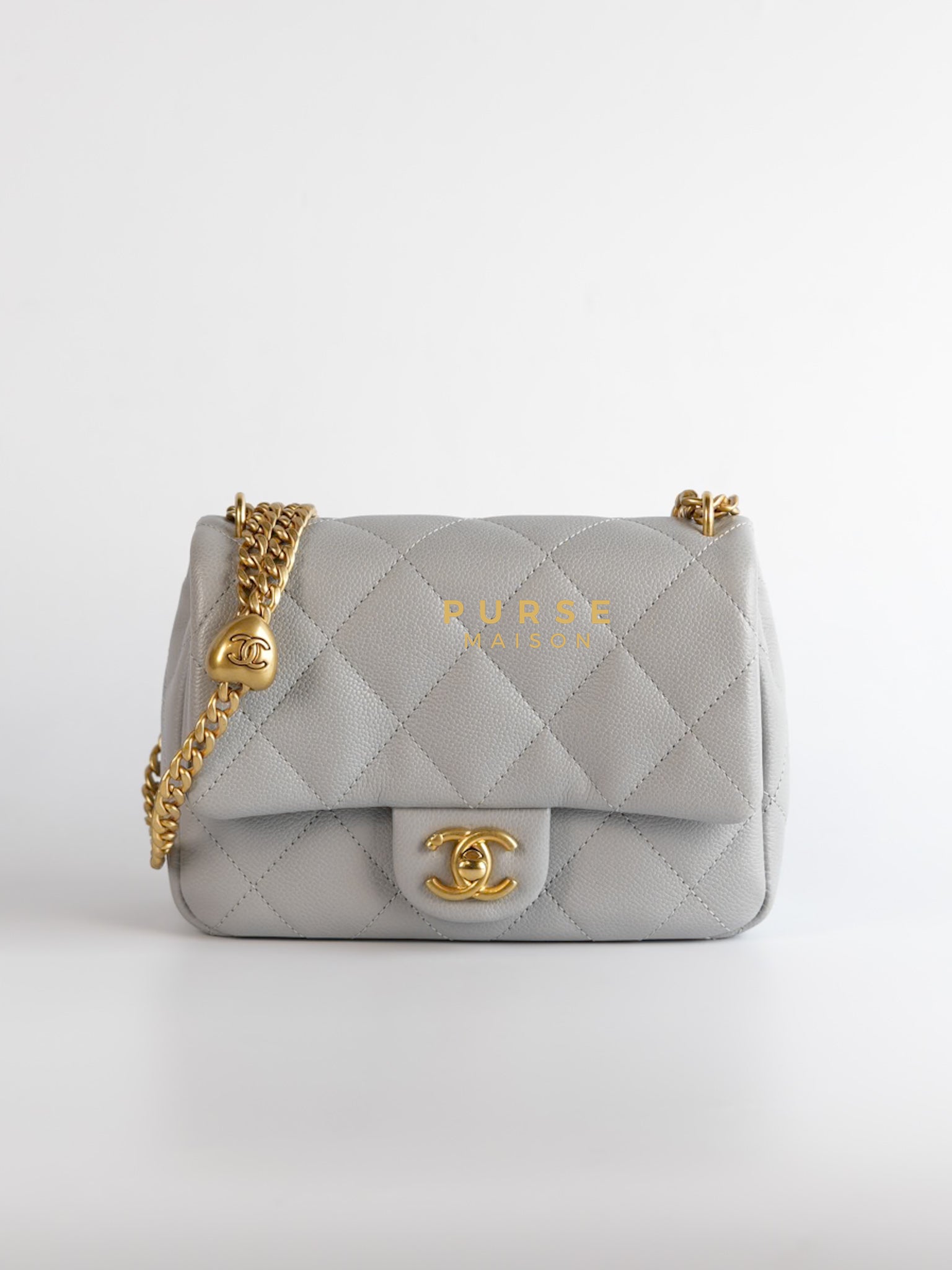 Sweetheart Flap Light Gray in Quilted Caviar Leather & Aged Gold Hardware (Microchip) | Purse Maison Luxury Bags Shop