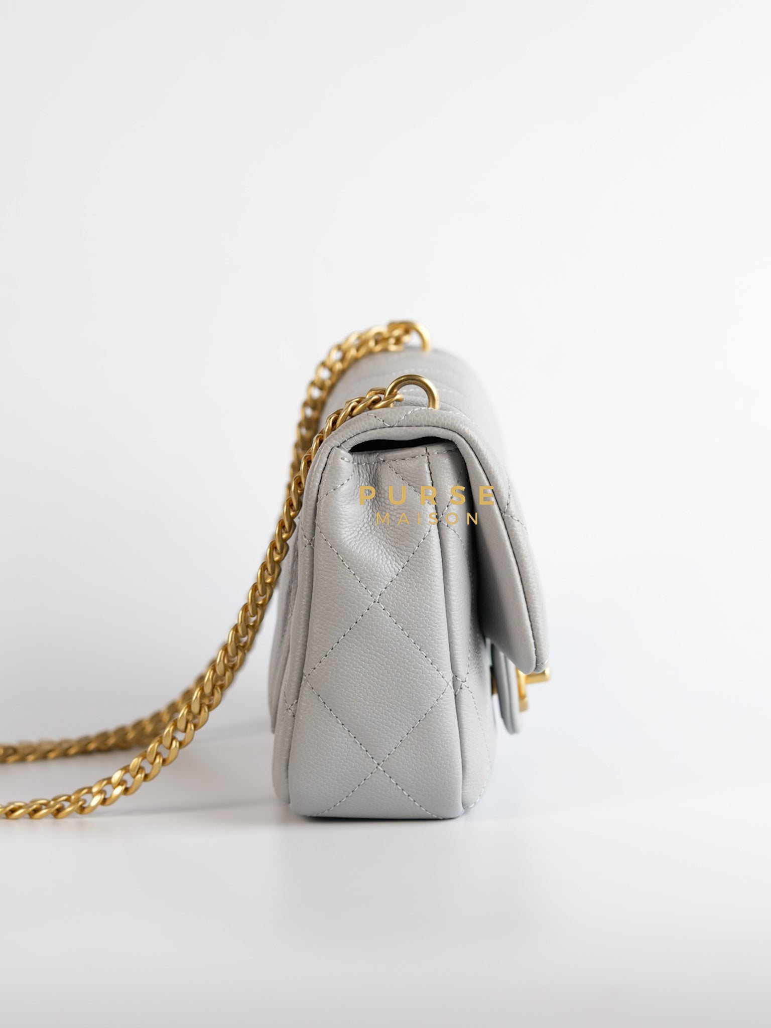 Sweetheart Flap Light Gray in Quilted Caviar Leather & Aged Gold Hardware (Microchip) | Purse Maison Luxury Bags Shop