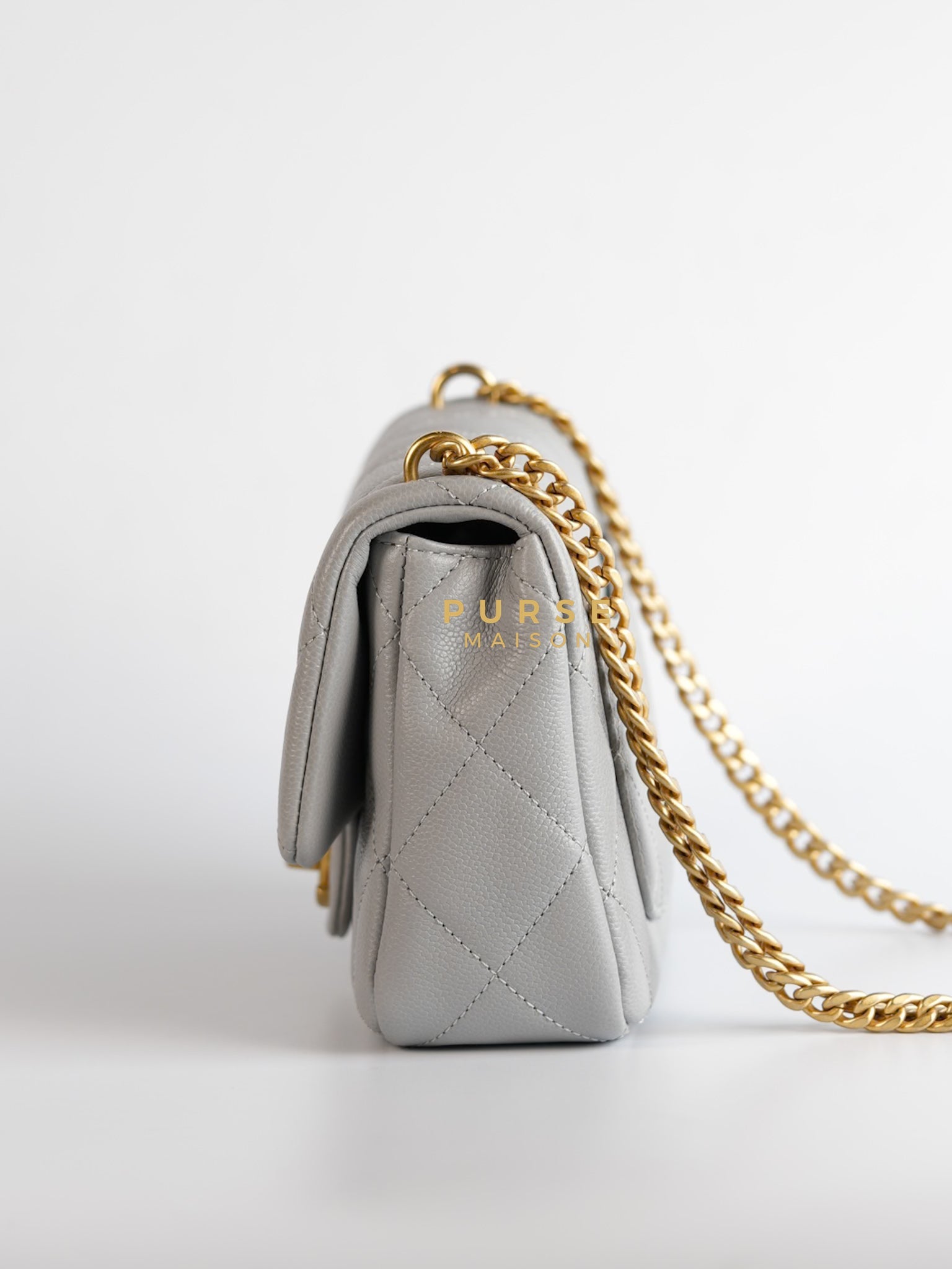 Sweetheart Flap Light Gray in Quilted Caviar Leather & Aged Gold Hardware (Microchip) | Purse Maison Luxury Bags Shop