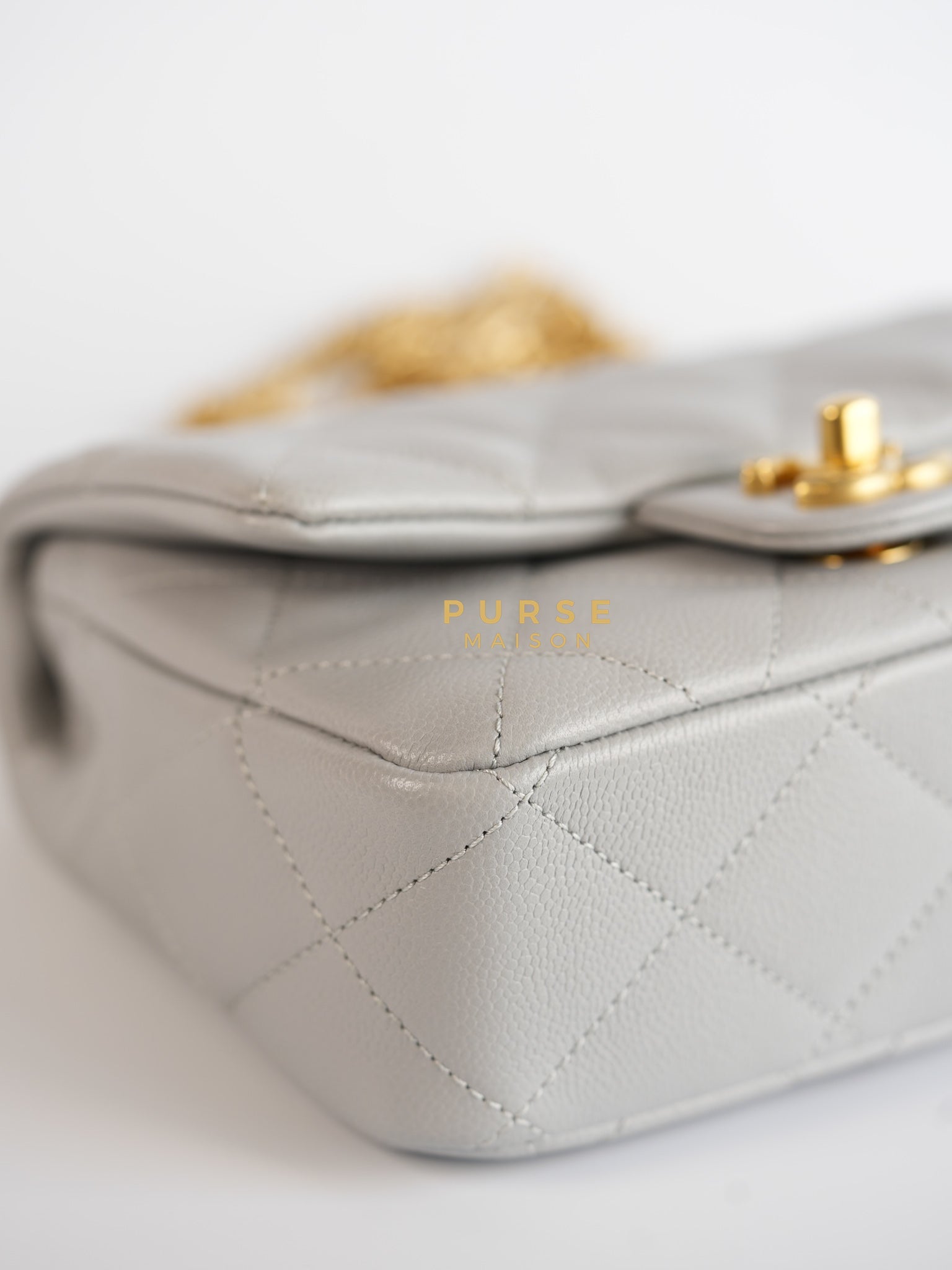 Sweetheart Flap Light Gray in Quilted Caviar Leather & Aged Gold Hardware (Microchip) | Purse Maison Luxury Bags Shop