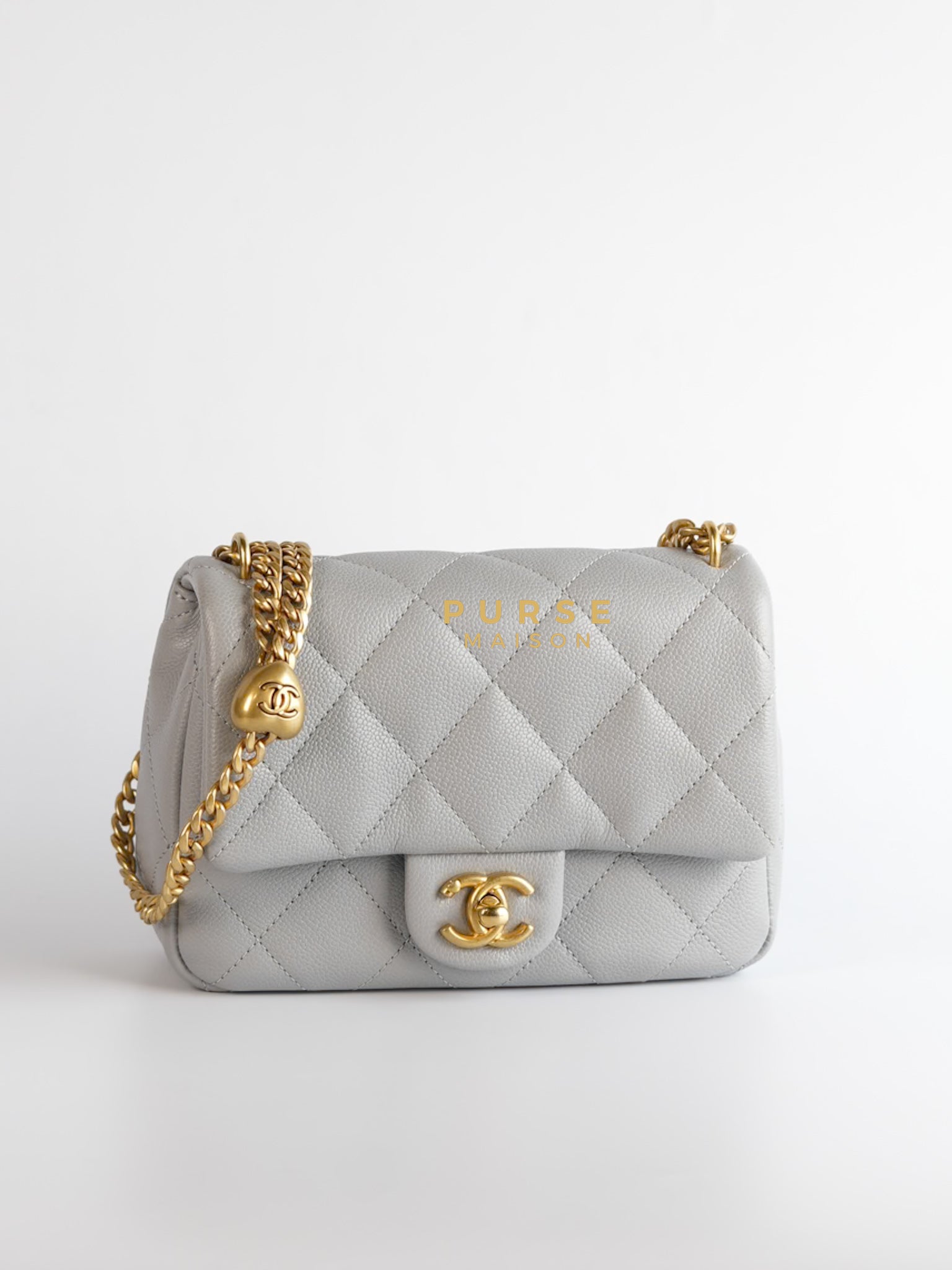 Sweetheart Flap Light Gray in Quilted Caviar Leather & Aged Gold Hardware (Microchip) | Purse Maison Luxury Bags Shop