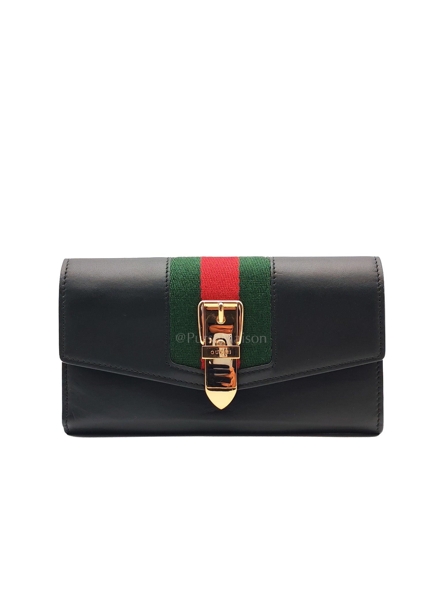 Gucci Sylvie Continental Wallet in Black Leather & Web Canvas