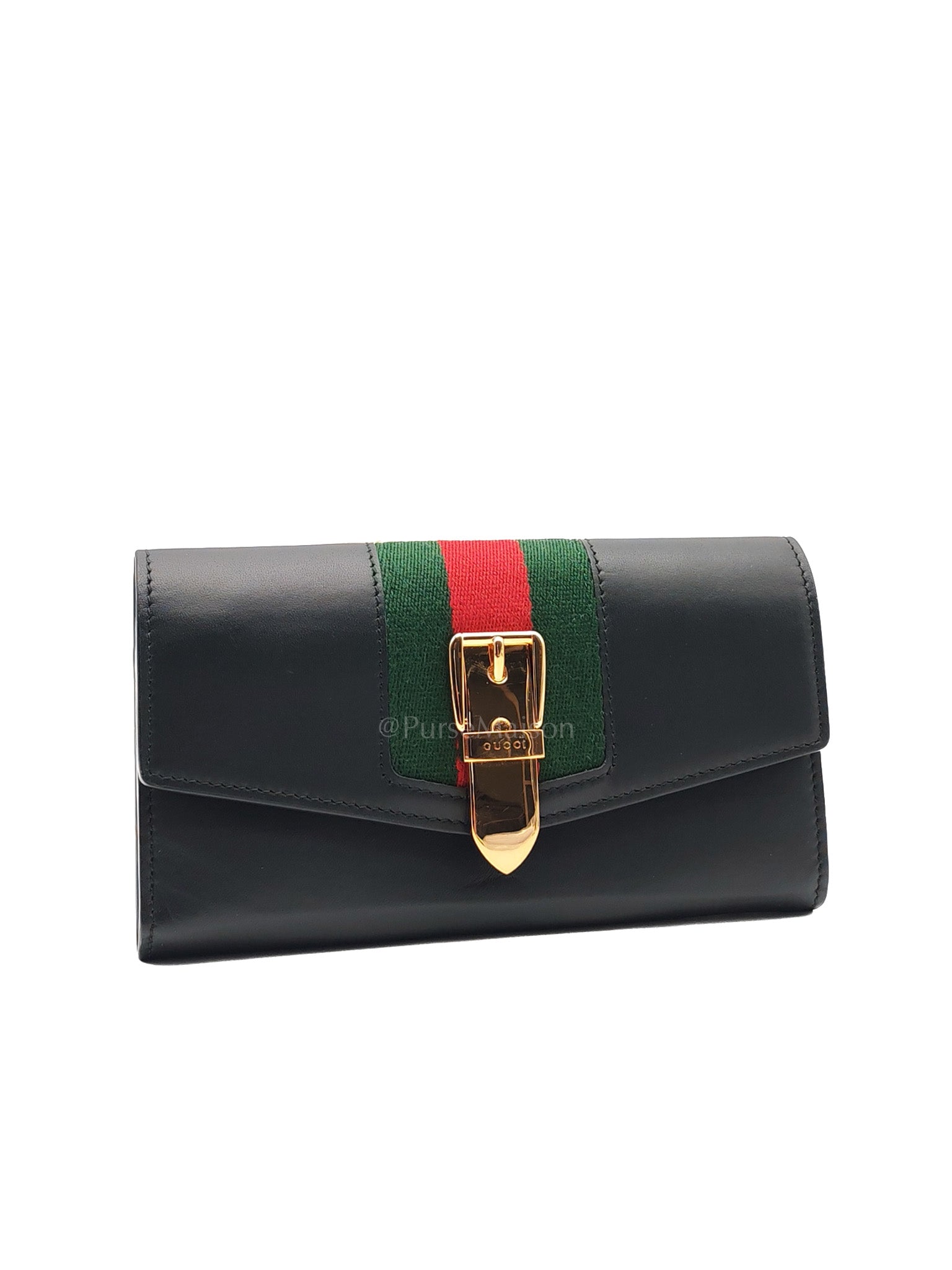 Gucci Sylvie Continental Wallet in Black Leather & Web Canvas