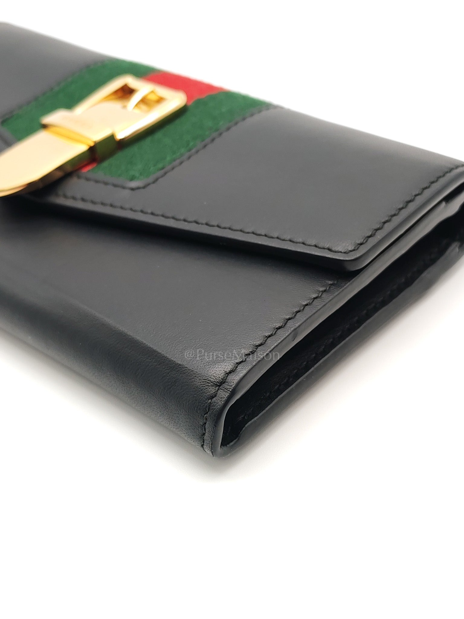 Gucci Sylvie Continental Wallet in Black Leather & Web Canvas