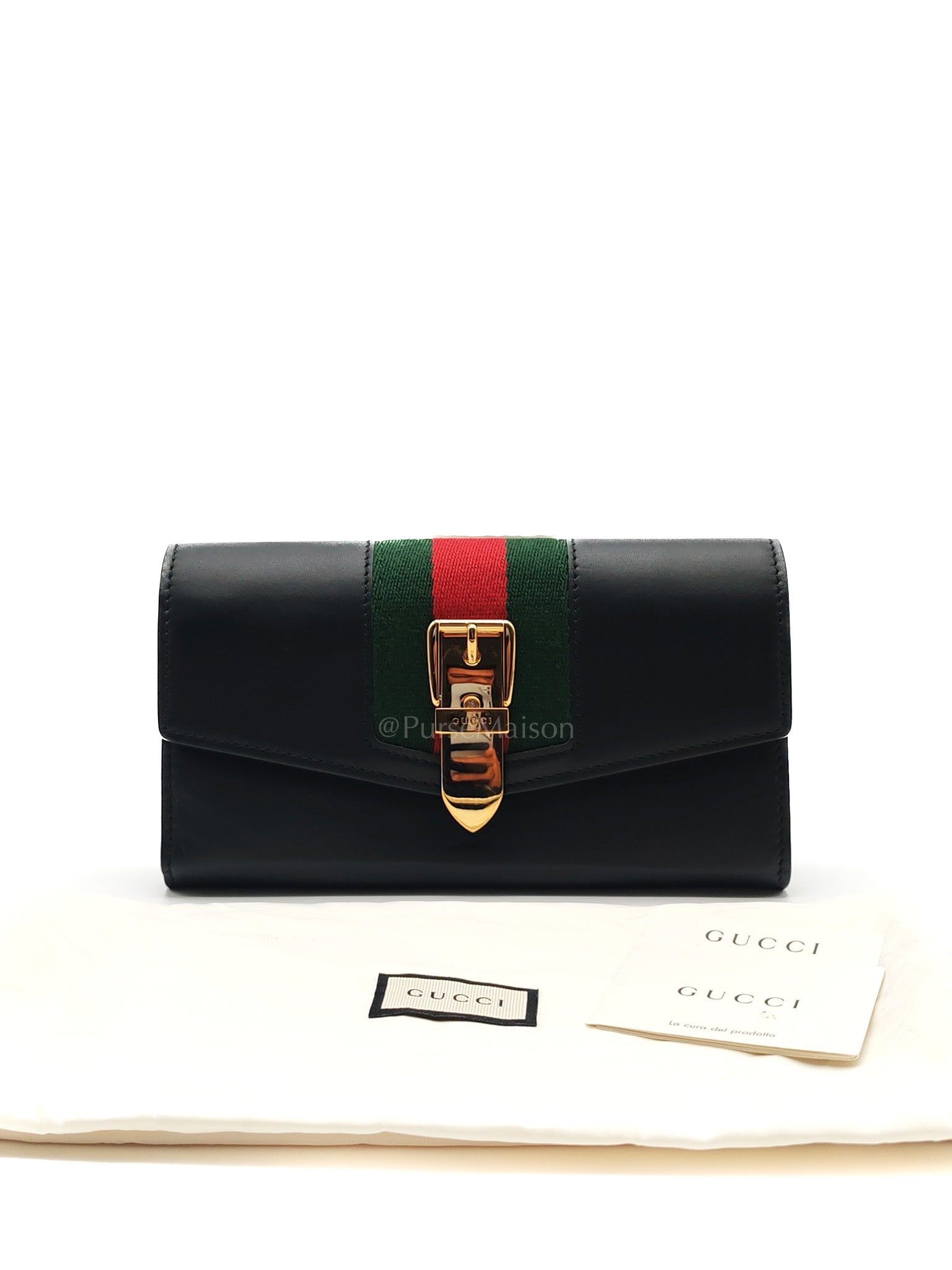 Gucci Sylvie Continental Wallet in Black Leather & Web Canvas