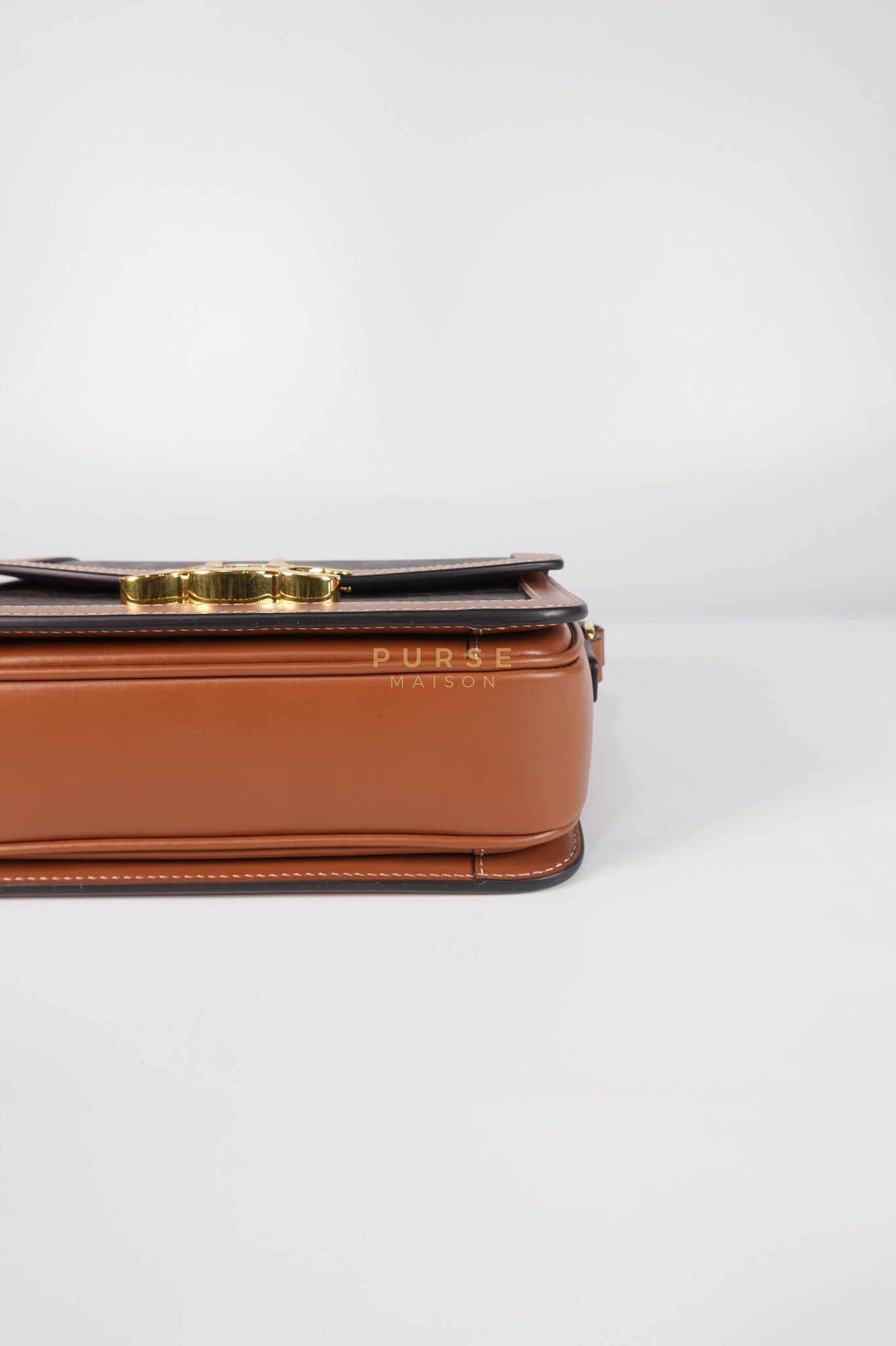 Teen Triomphe Bag in Tan Calfskin Triomphe Canvas & Gold Hardware | Purse Maison Luxury Bags Shop