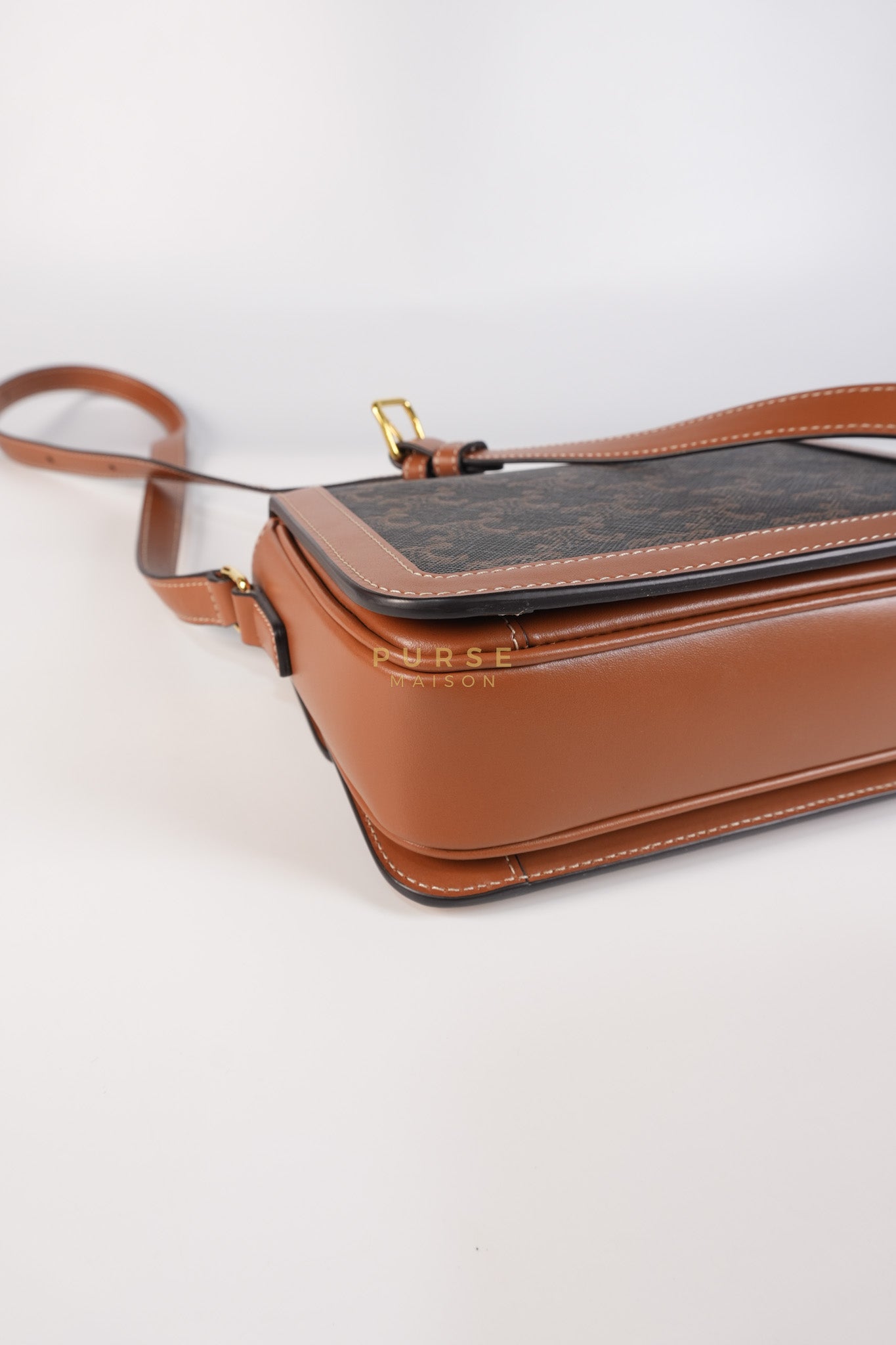 Teen Triomphe Bag in Tan Calfskin Triomphe Canvas & Gold Hardware | Purse Maison Luxury Bags Shop
