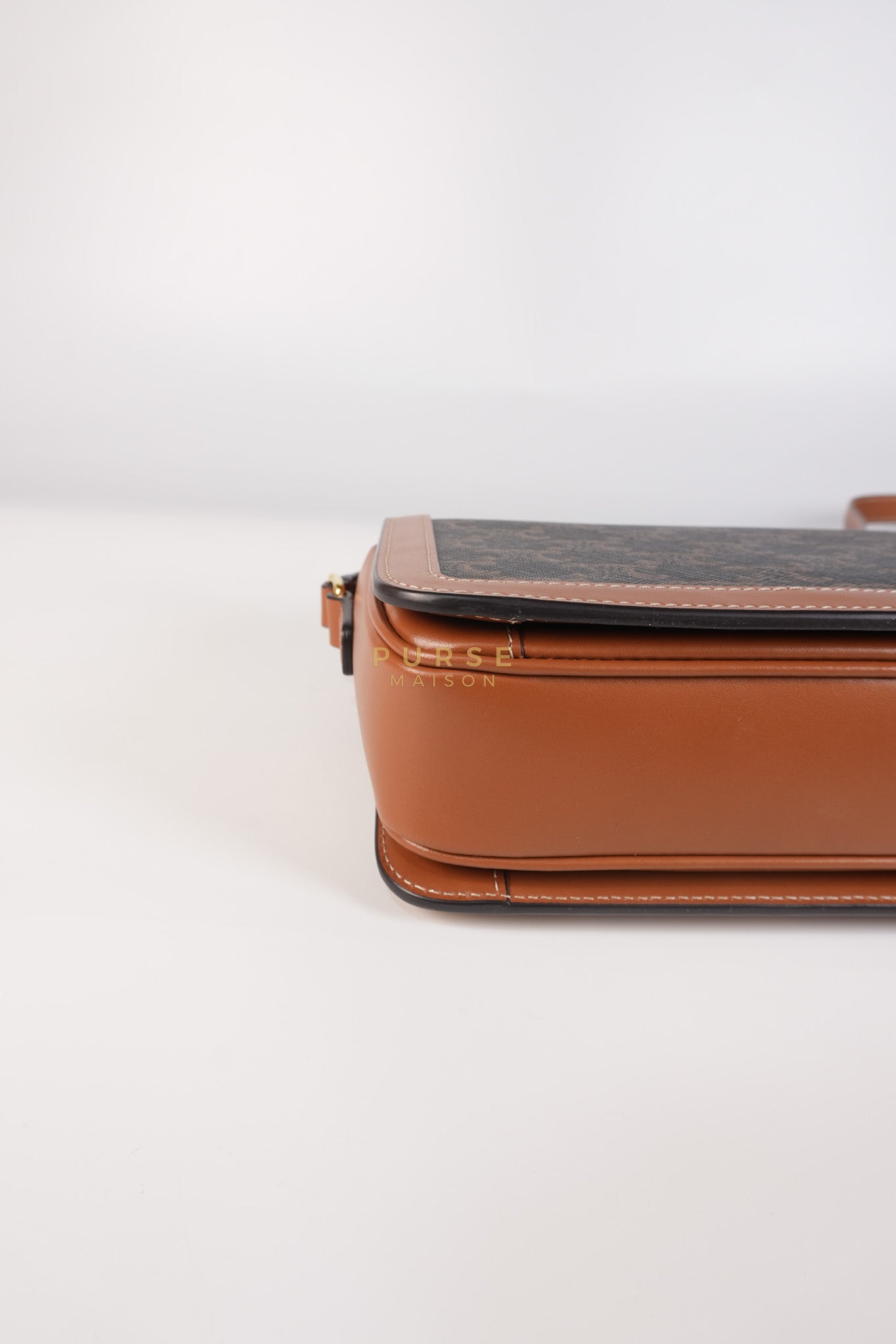 Teen Triomphe Bag in Tan Calfskin Triomphe Canvas & Gold Hardware | Purse Maison Luxury Bags Shop