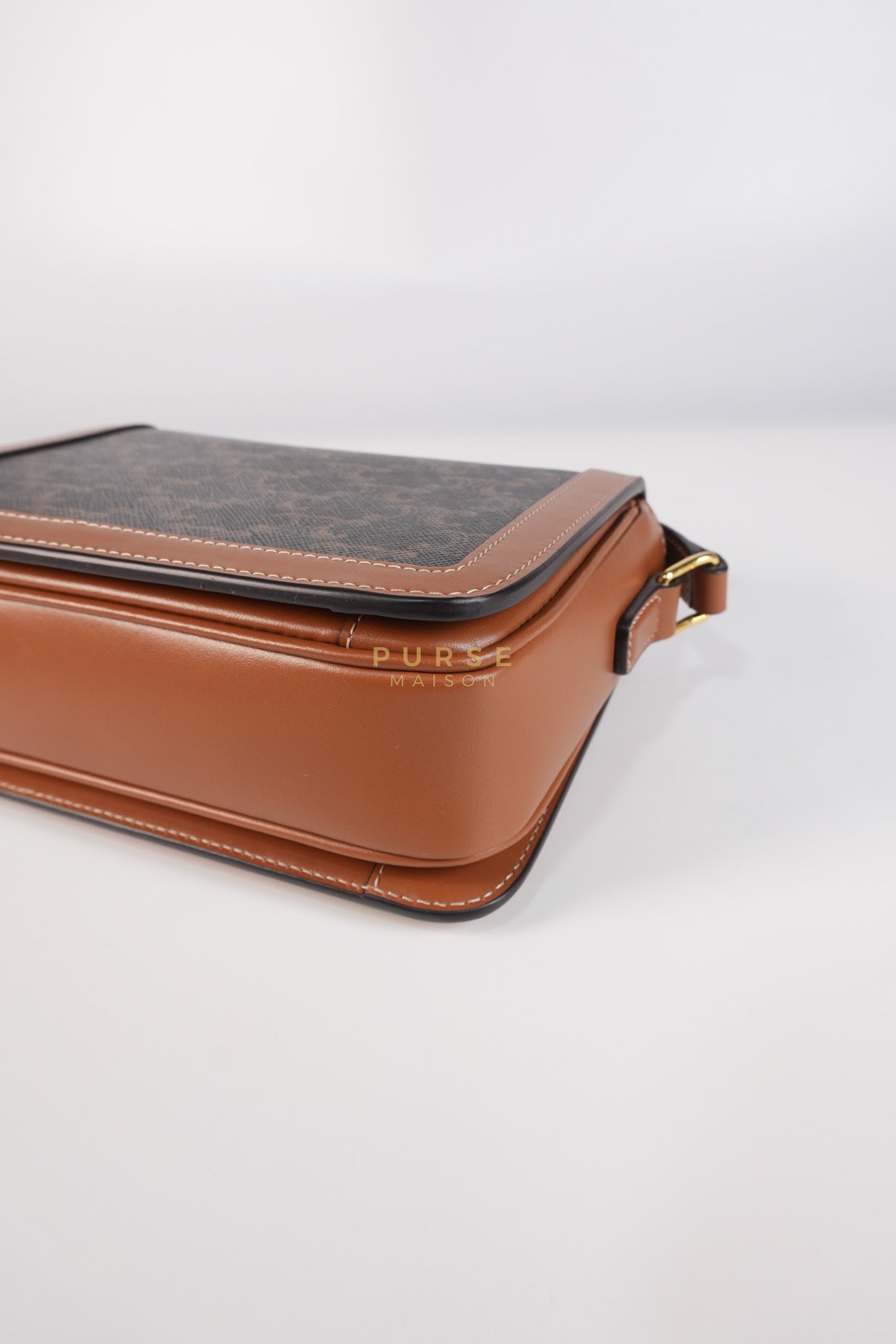 Teen Triomphe Bag in Tan Calfskin Triomphe Canvas & Gold Hardware | Purse Maison Luxury Bags Shop