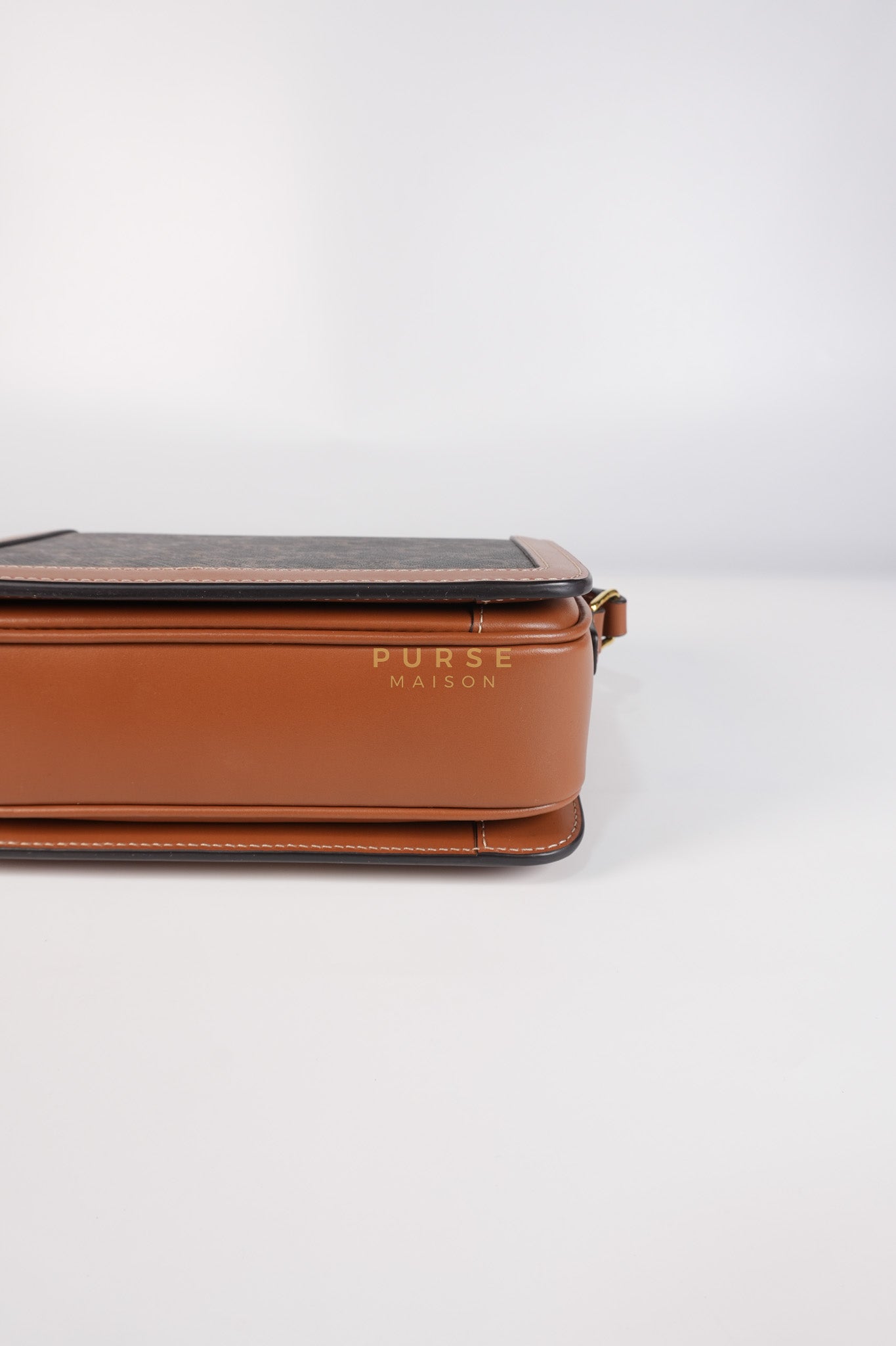 Teen Triomphe Bag in Tan Calfskin Triomphe Canvas & Gold Hardware | Purse Maison Luxury Bags Shop