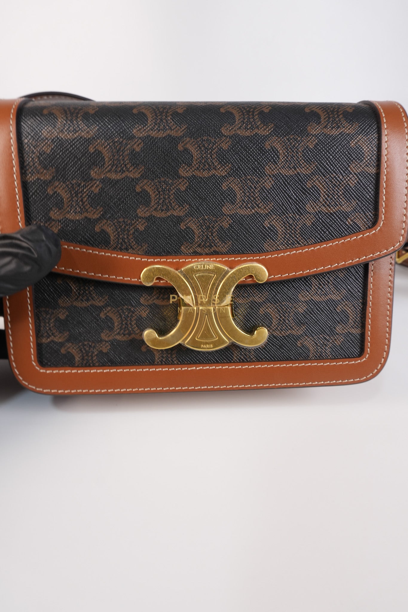 Teen Triomphe Bag in Tan Calfskin Triomphe Canvas & Gold Hardware | Purse Maison Luxury Bags Shop