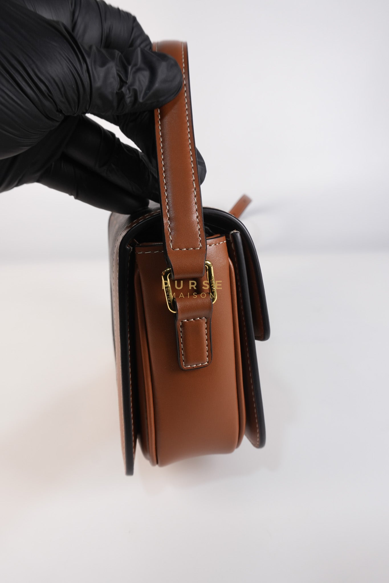 Teen Triomphe Bag in Tan Calfskin Triomphe Canvas & Gold Hardware | Purse Maison Luxury Bags Shop