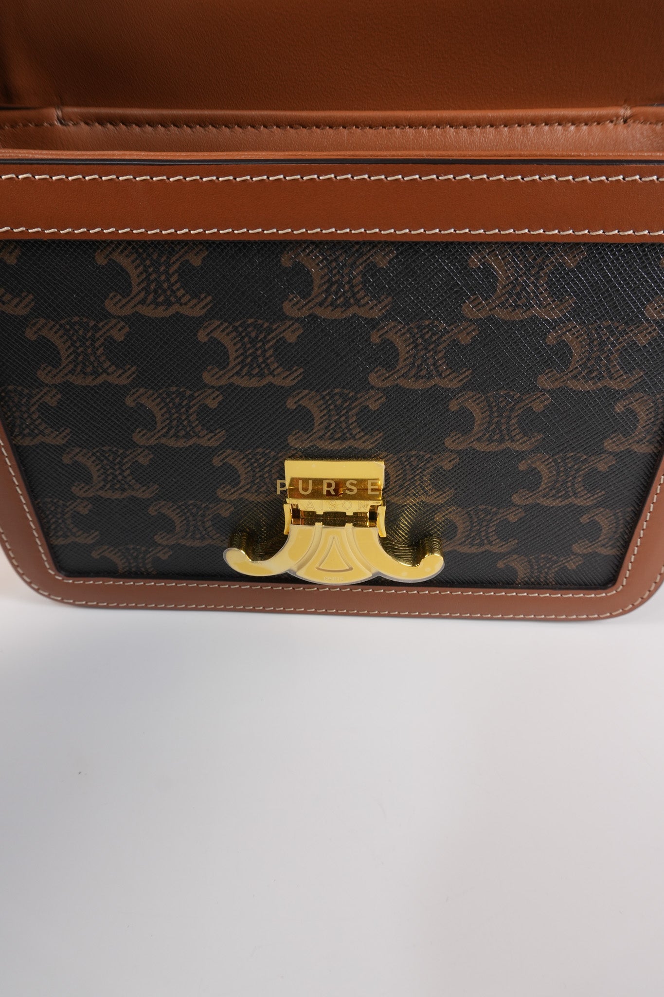 Teen Triomphe Bag in Tan Calfskin Triomphe Canvas & Gold Hardware | Purse Maison Luxury Bags Shop
