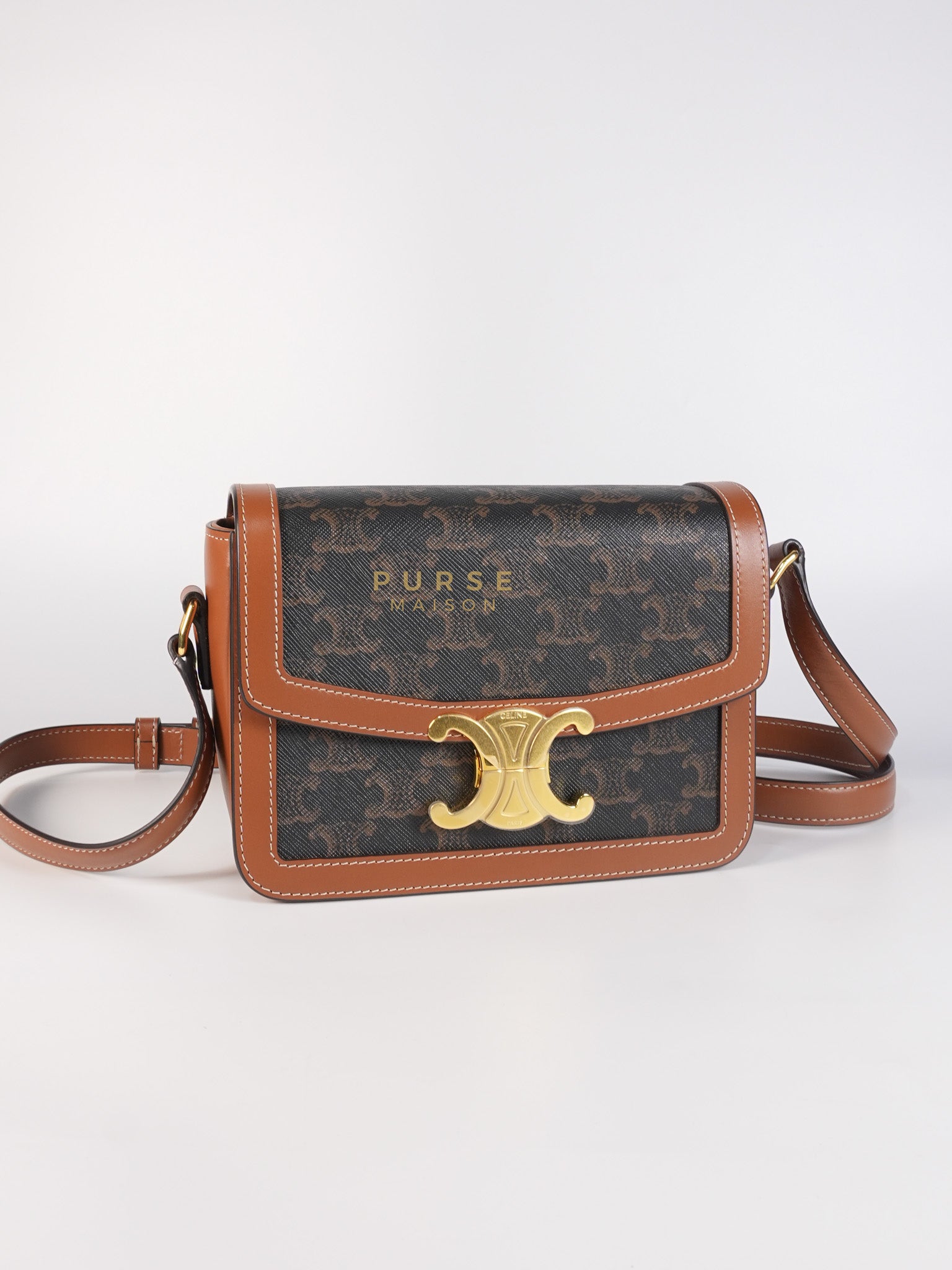 Teen Triomphe Bag in Tan Calfskin Triomphe Canvas & Gold Hardware | Purse Maison Luxury Bags Shop
