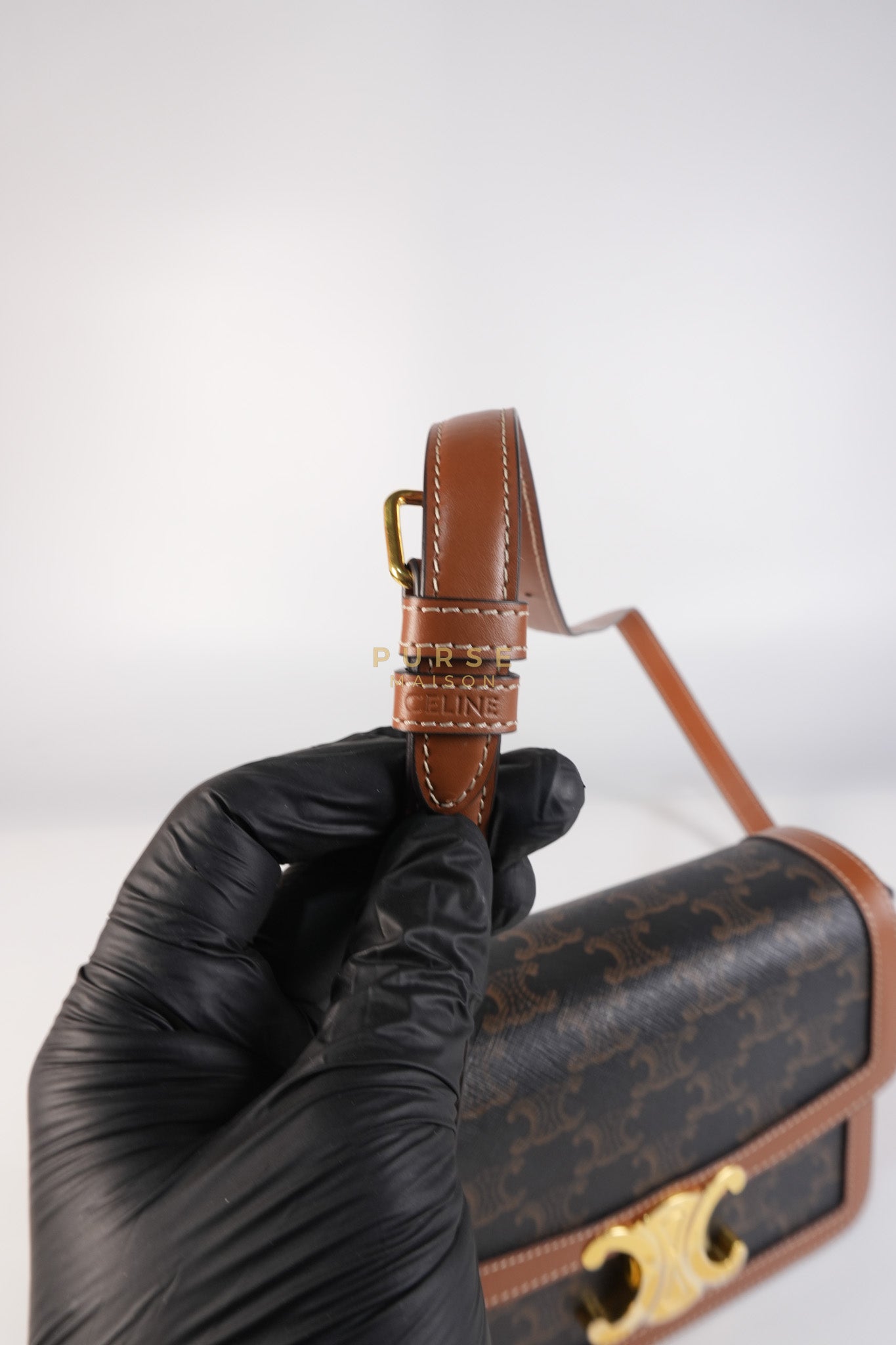 Teen Triomphe Bag in Tan Calfskin Triomphe Canvas & Gold Hardware | Purse Maison Luxury Bags Shop