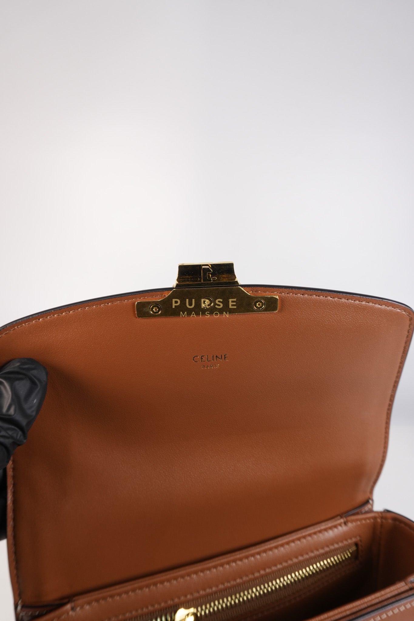 Teen Triomphe Bag in Tan Calfskin Triomphe Canvas & Gold Hardware | Purse Maison Luxury Bags Shop