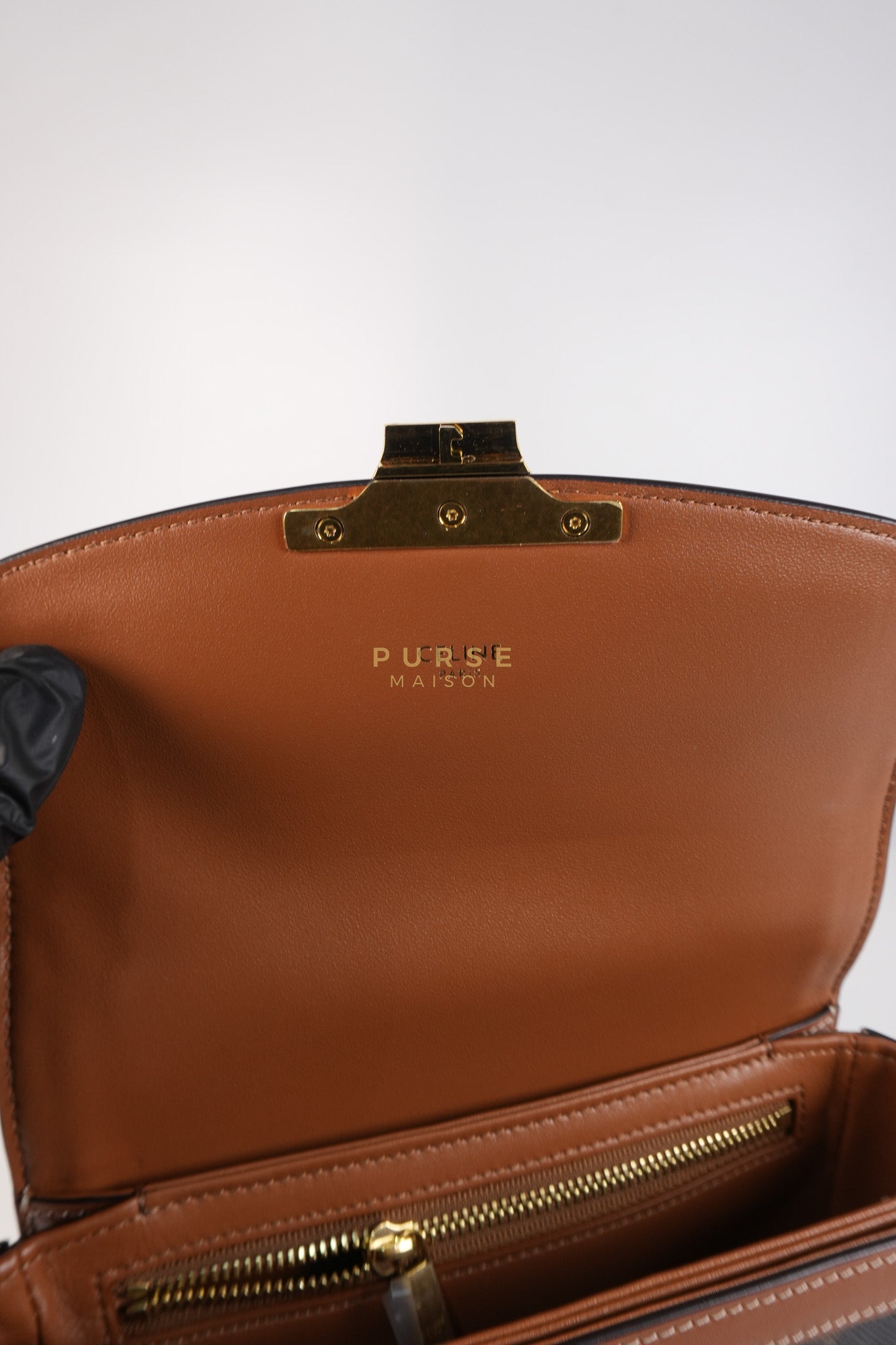 Teen Triomphe Bag in Tan Calfskin Triomphe Canvas & Gold Hardware | Purse Maison Luxury Bags Shop