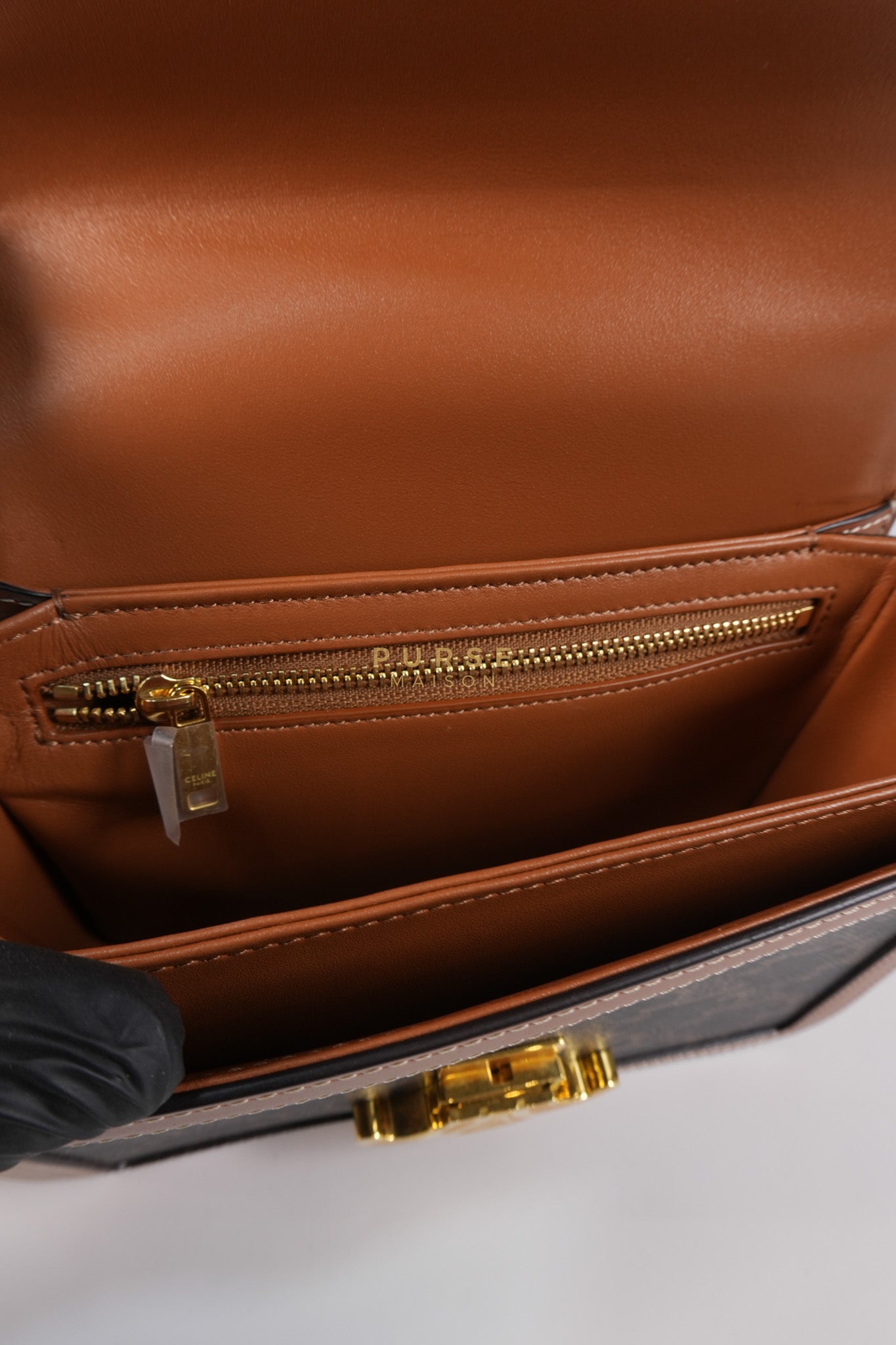 Teen Triomphe Bag in Tan Calfskin Triomphe Canvas & Gold Hardware | Purse Maison Luxury Bags Shop