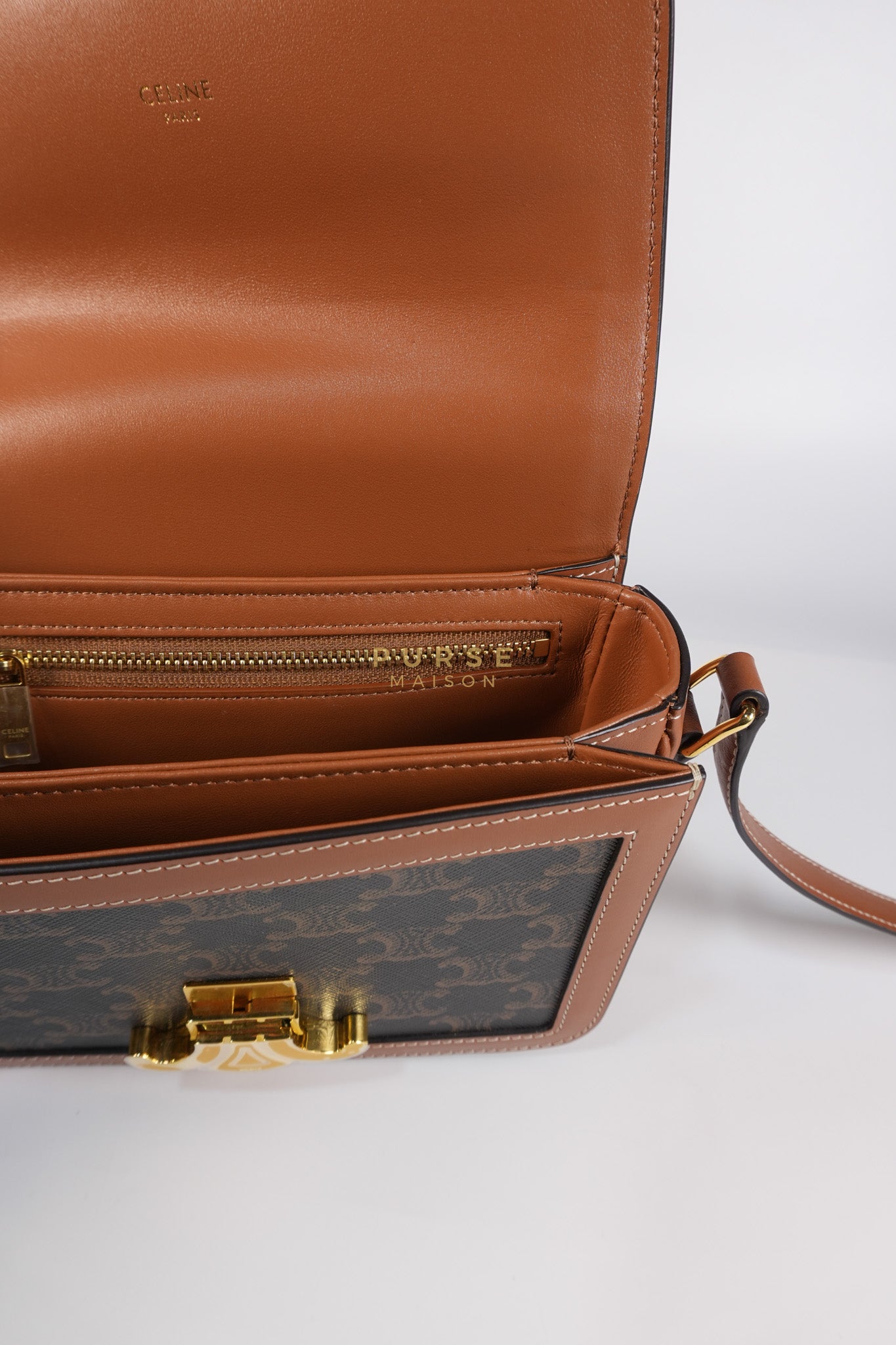 Teen Triomphe Bag in Tan Calfskin Triomphe Canvas & Gold Hardware | Purse Maison Luxury Bags Shop