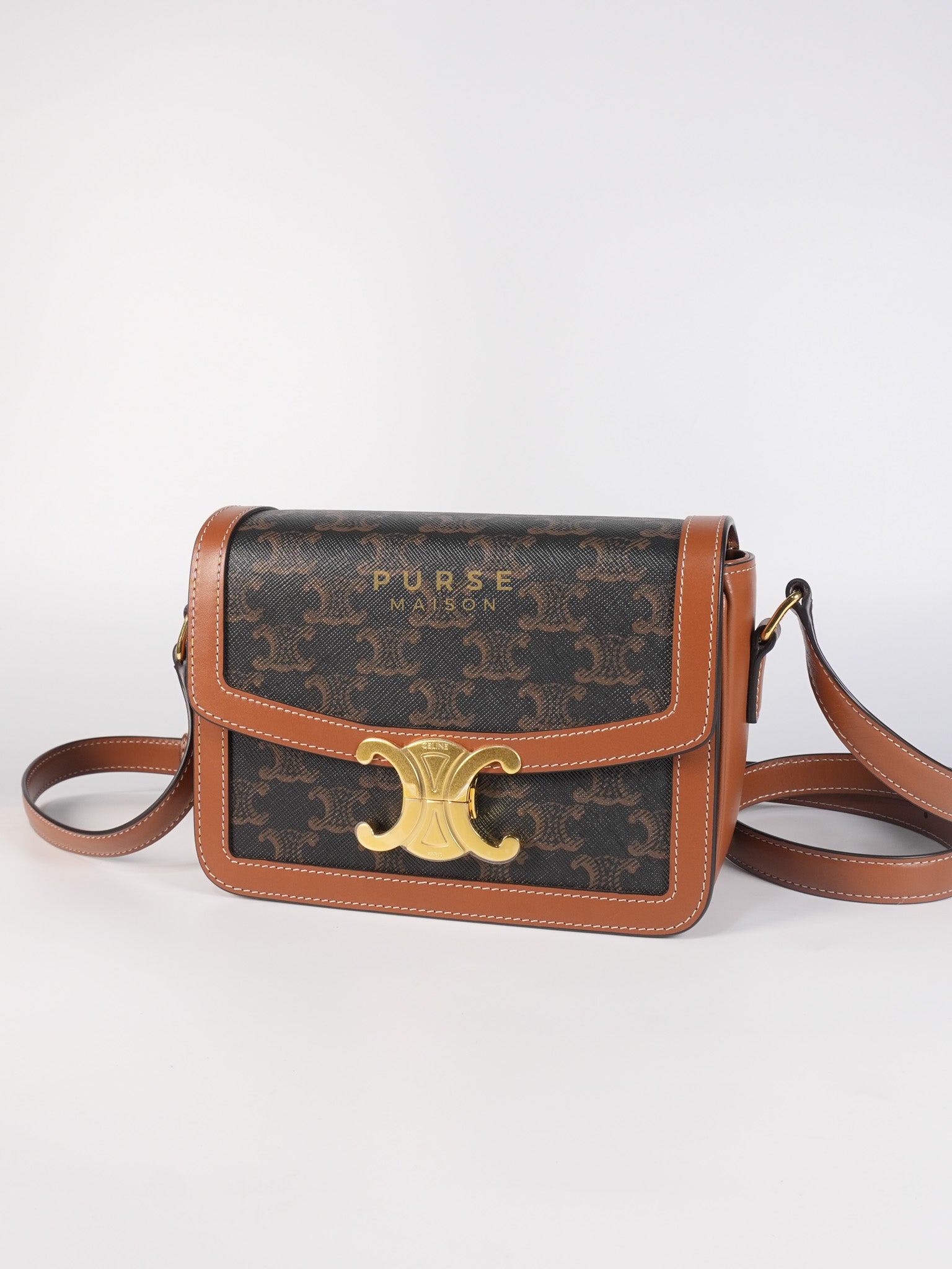 Teen Triomphe Bag in Tan Calfskin Triomphe Canvas & Gold Hardware | Purse Maison Luxury Bags Shop