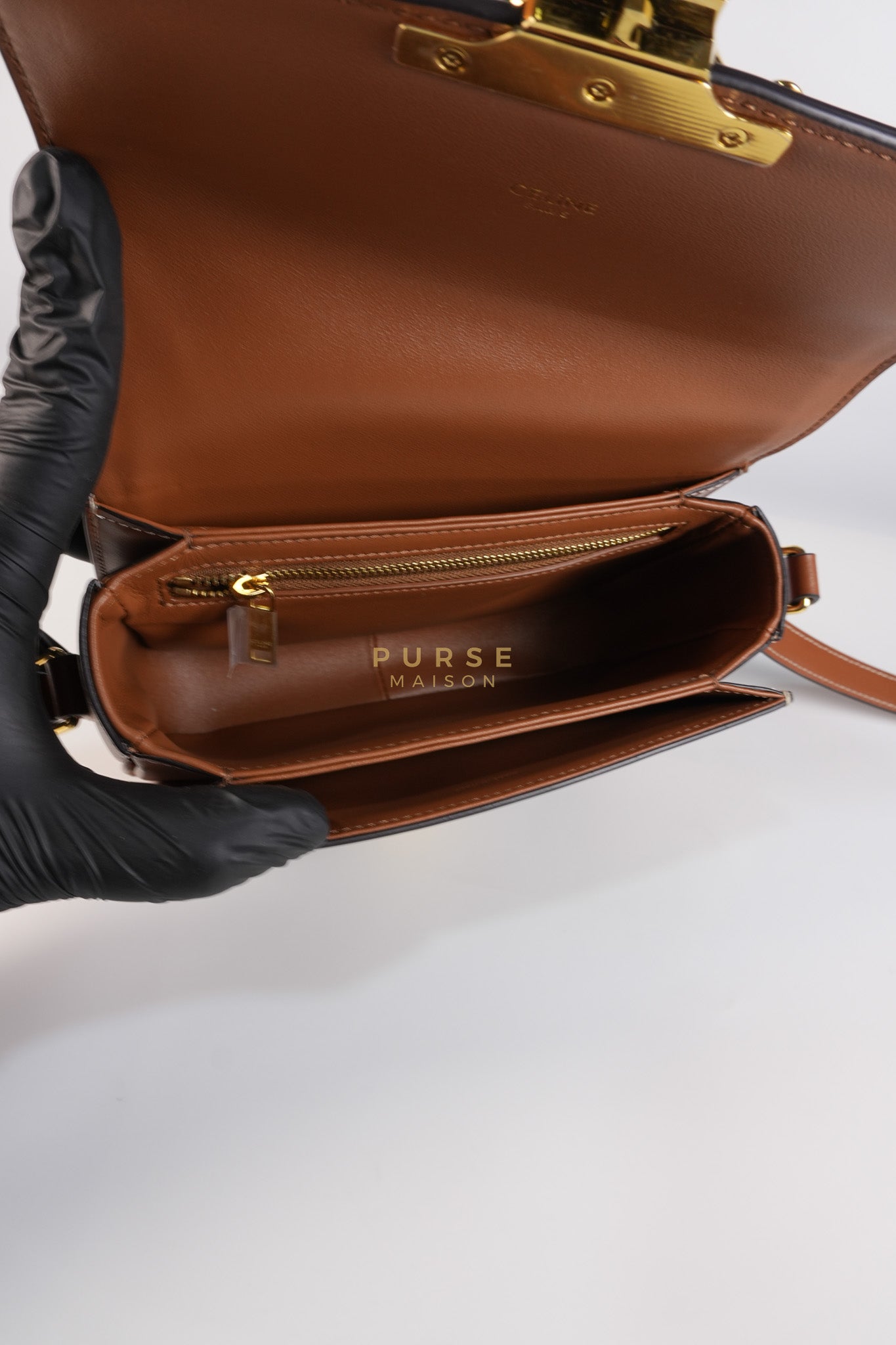 Teen Triomphe Bag in Tan Calfskin Triomphe Canvas & Gold Hardware | Purse Maison Luxury Bags Shop