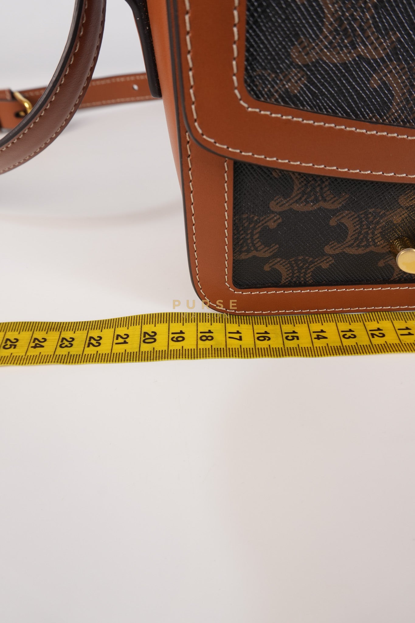 Teen Triomphe Bag in Tan Calfskin Triomphe Canvas & Gold Hardware | Purse Maison Luxury Bags Shop