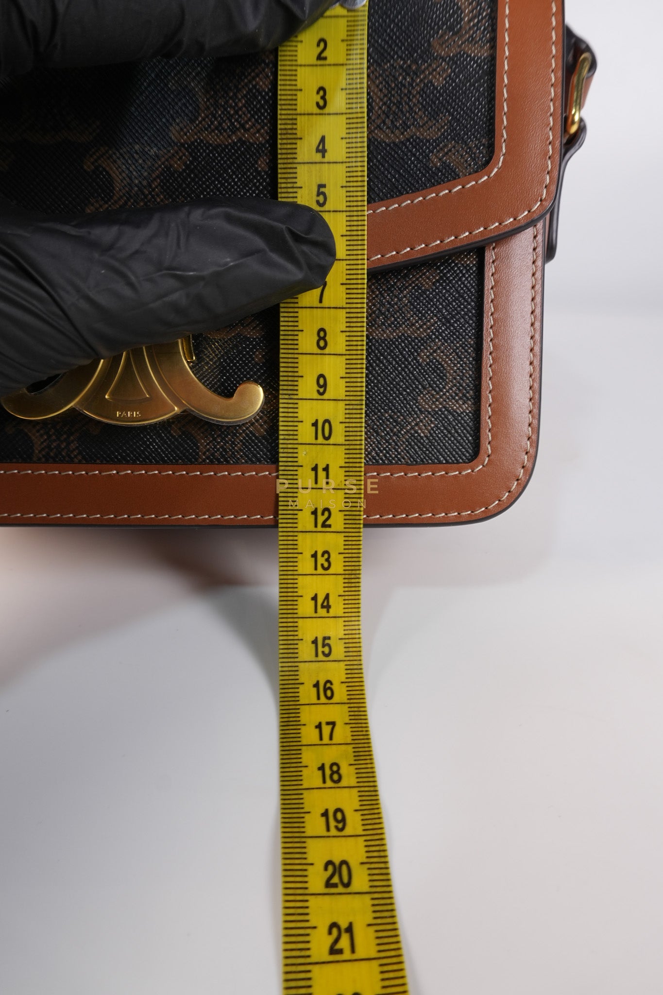 Teen Triomphe Bag in Tan Calfskin Triomphe Canvas & Gold Hardware | Purse Maison Luxury Bags Shop