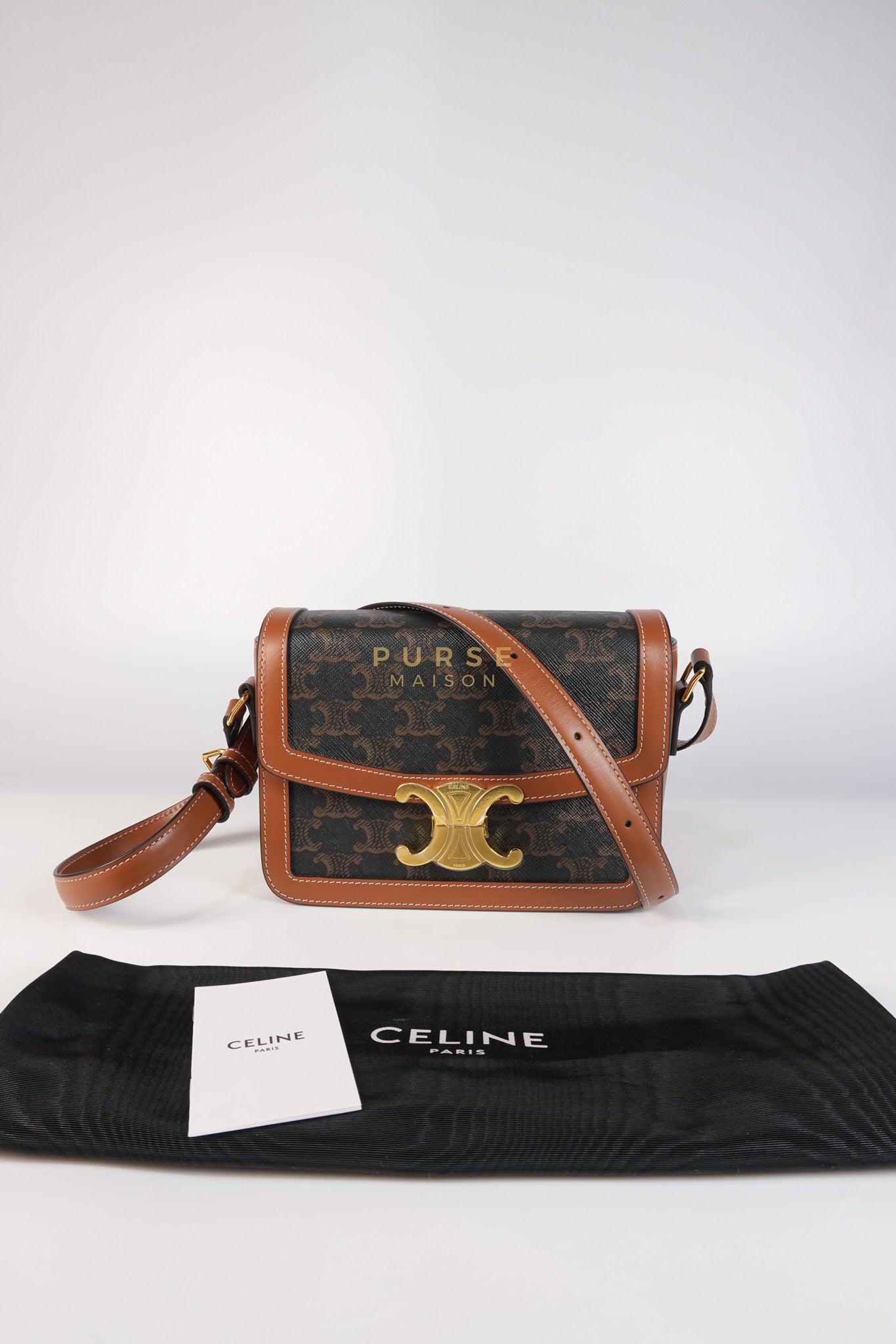 Teen Triomphe Bag in Tan Calfskin Triomphe Canvas & Gold Hardware | Purse Maison Luxury Bags Shop