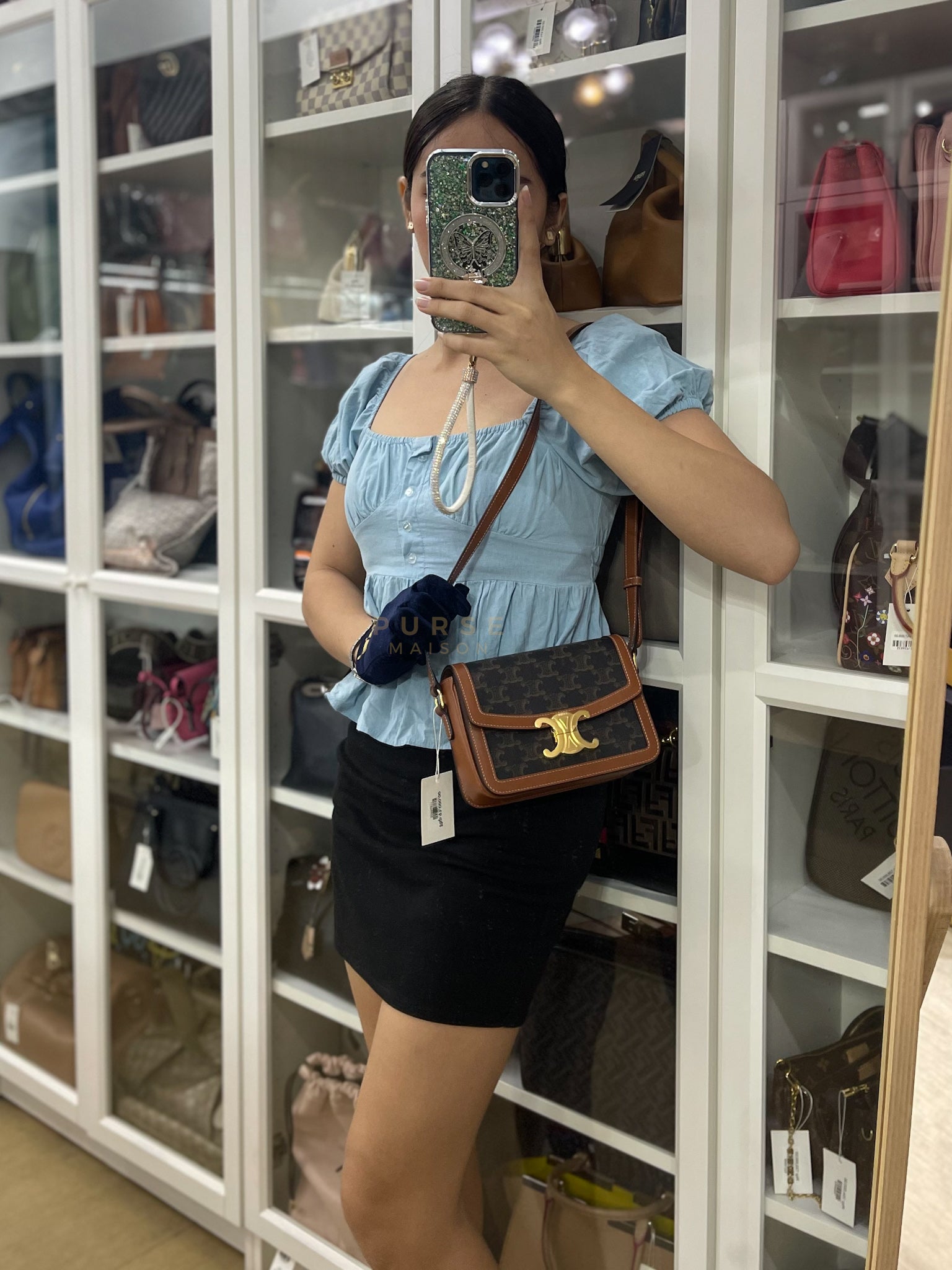 Teen Triomphe Bag in Tan Calfskin Triomphe Canvas & Gold Hardware | Purse Maison Luxury Bags Shop
