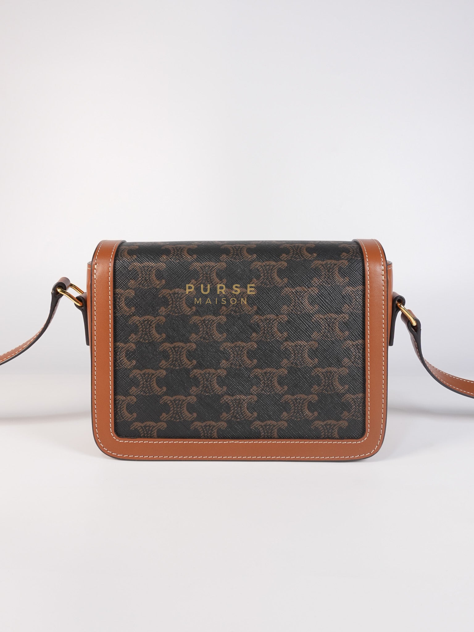 Teen Triomphe Bag in Tan Calfskin Triomphe Canvas & Gold Hardware | Purse Maison Luxury Bags Shop