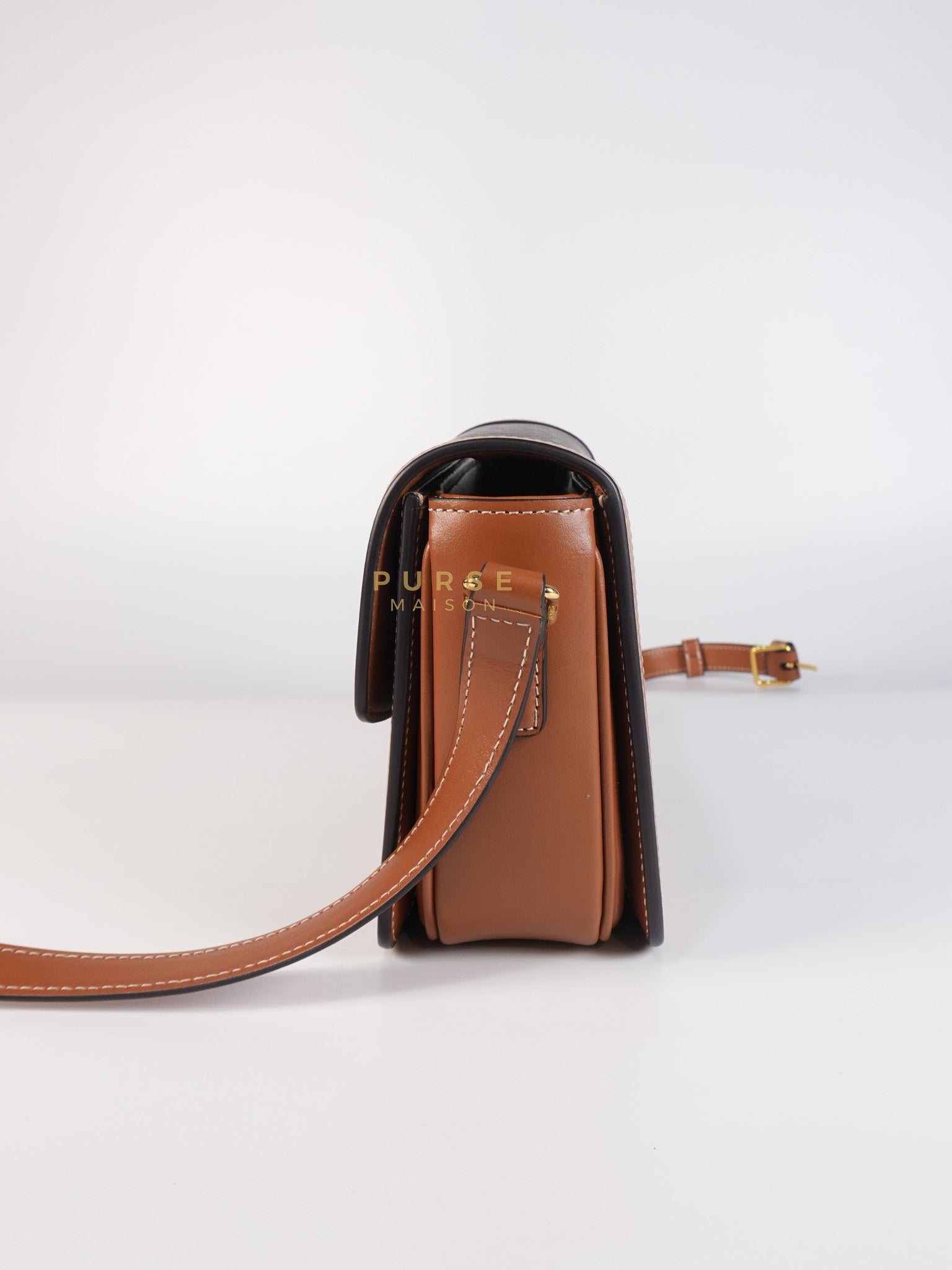 Teen Triomphe Bag in Tan Calfskin Triomphe Canvas & Gold Hardware | Purse Maison Luxury Bags Shop