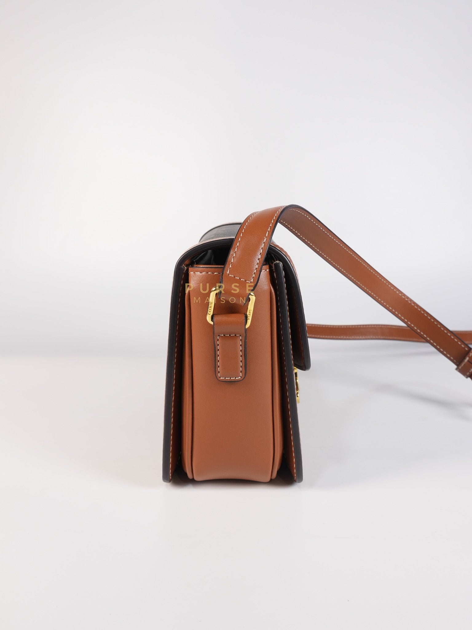 Teen Triomphe Bag in Tan Calfskin Triomphe Canvas & Gold Hardware | Purse Maison Luxury Bags Shop