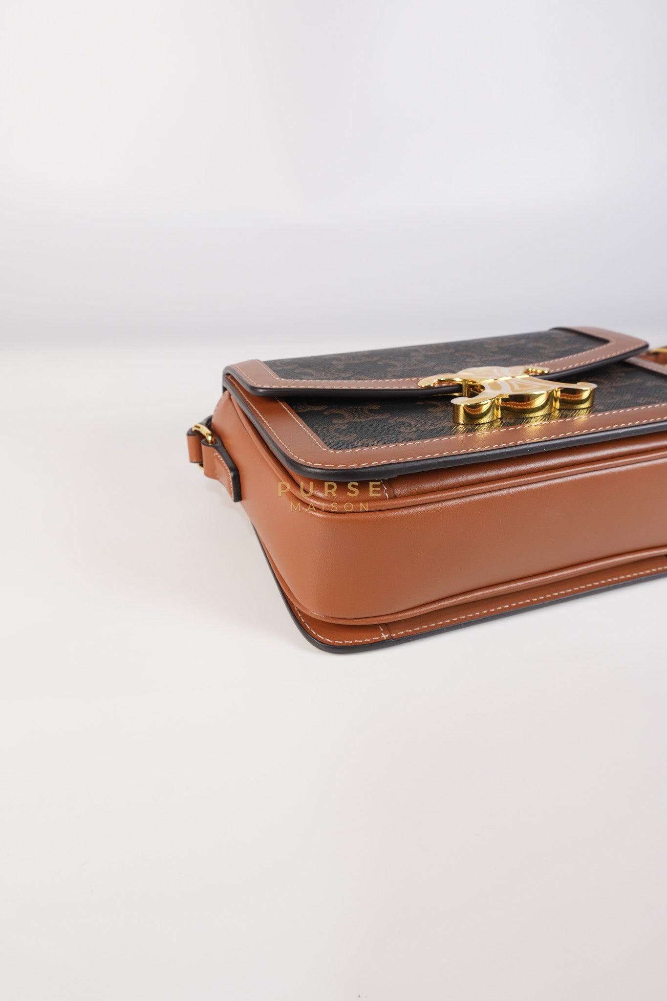 Teen Triomphe Bag in Tan Calfskin Triomphe Canvas & Gold Hardware | Purse Maison Luxury Bags Shop