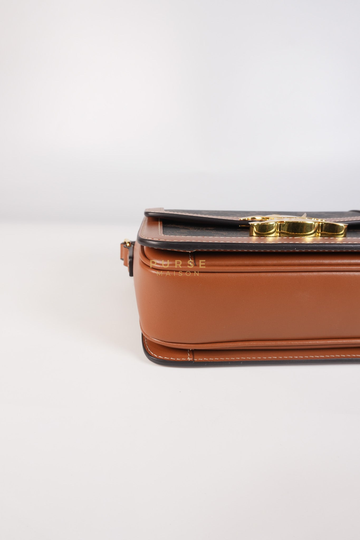 Teen Triomphe Bag in Tan Calfskin Triomphe Canvas & Gold Hardware | Purse Maison Luxury Bags Shop