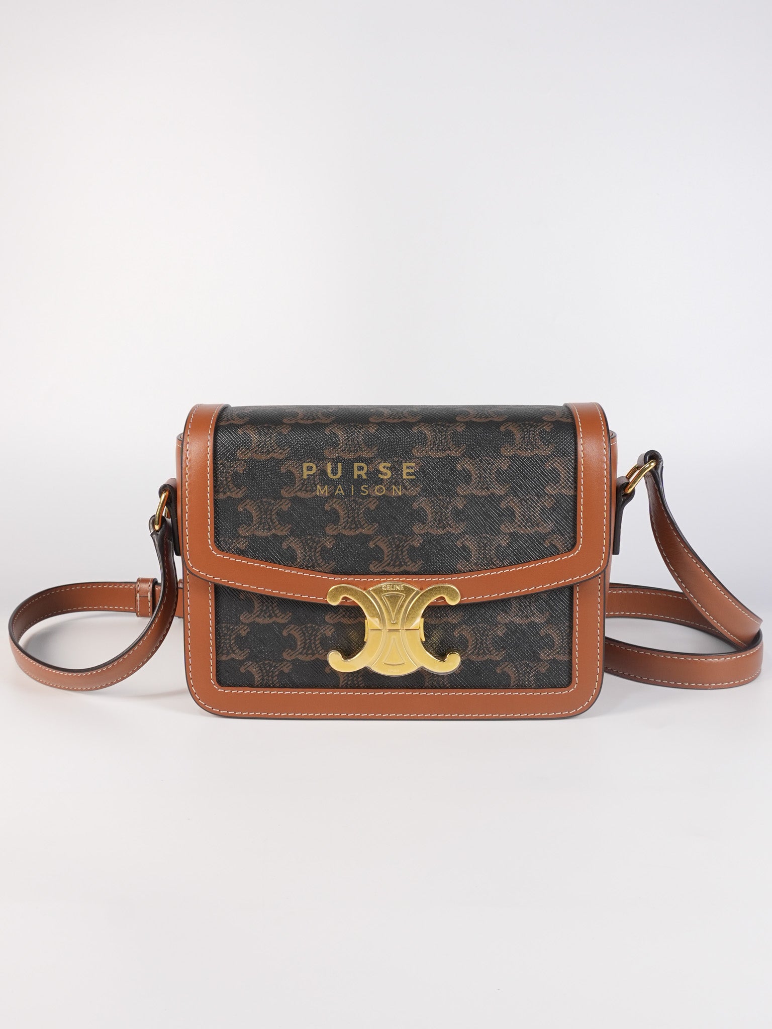 Teen Triomphe Bag in Tan Calfskin Triomphe Canvas & Gold Hardware | Purse Maison Luxury Bags Shop