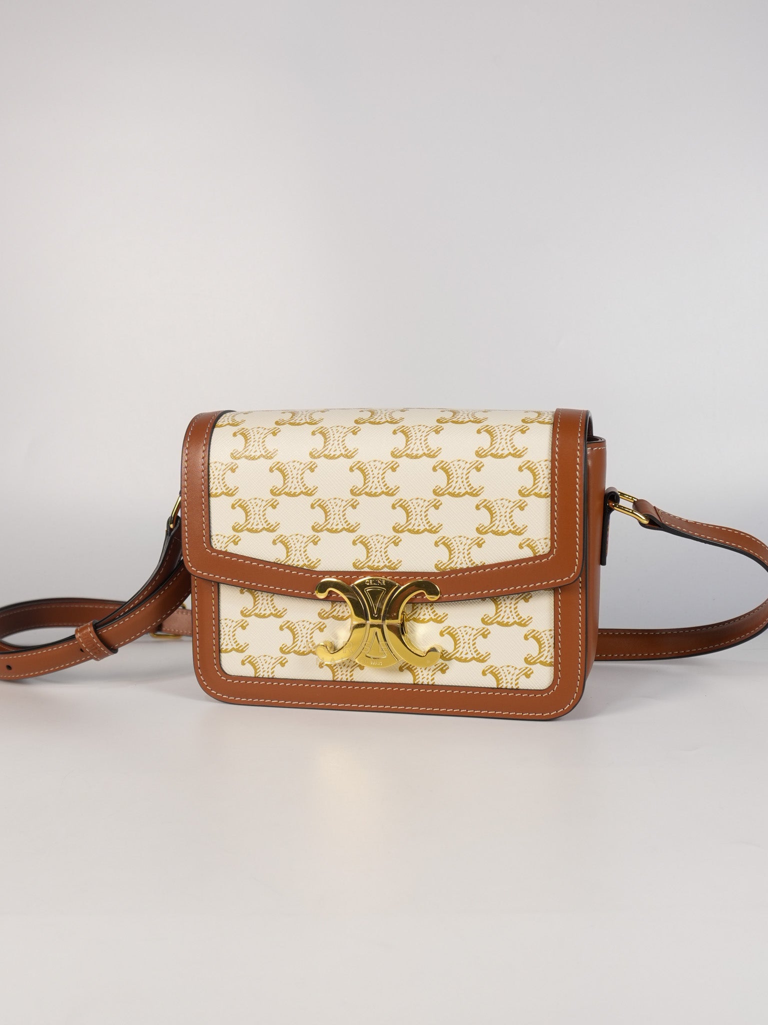 Teen Triomphe Cross Body Bag in White Triomphe Canvas and Calfskin | Purse Maison Luxury Bags Shop