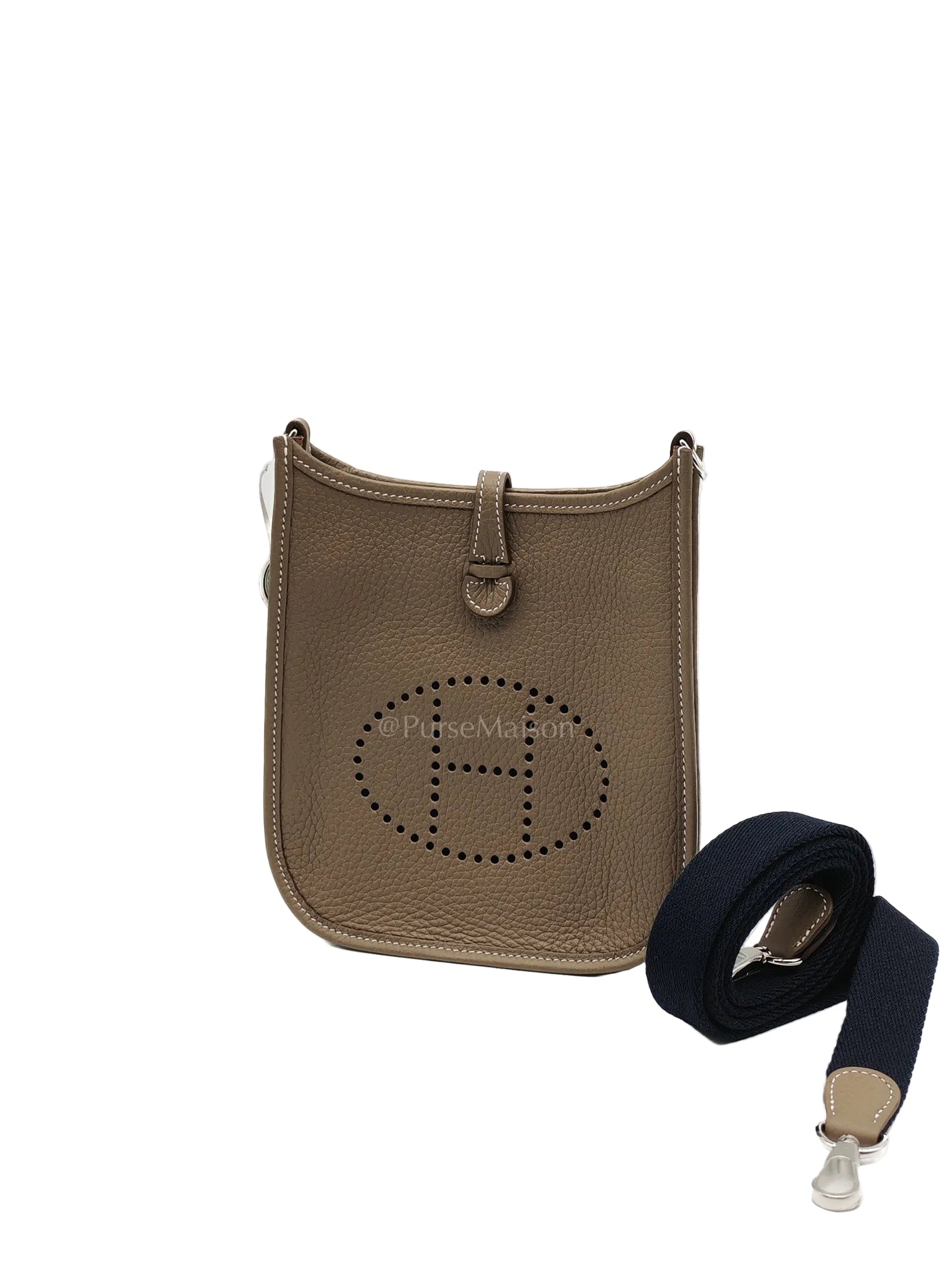 Hermes Evelyne 16 Amazone in Etoupe Clemence Leather with Navy Blue Strap Palladium Hardware Stamp K(2025)