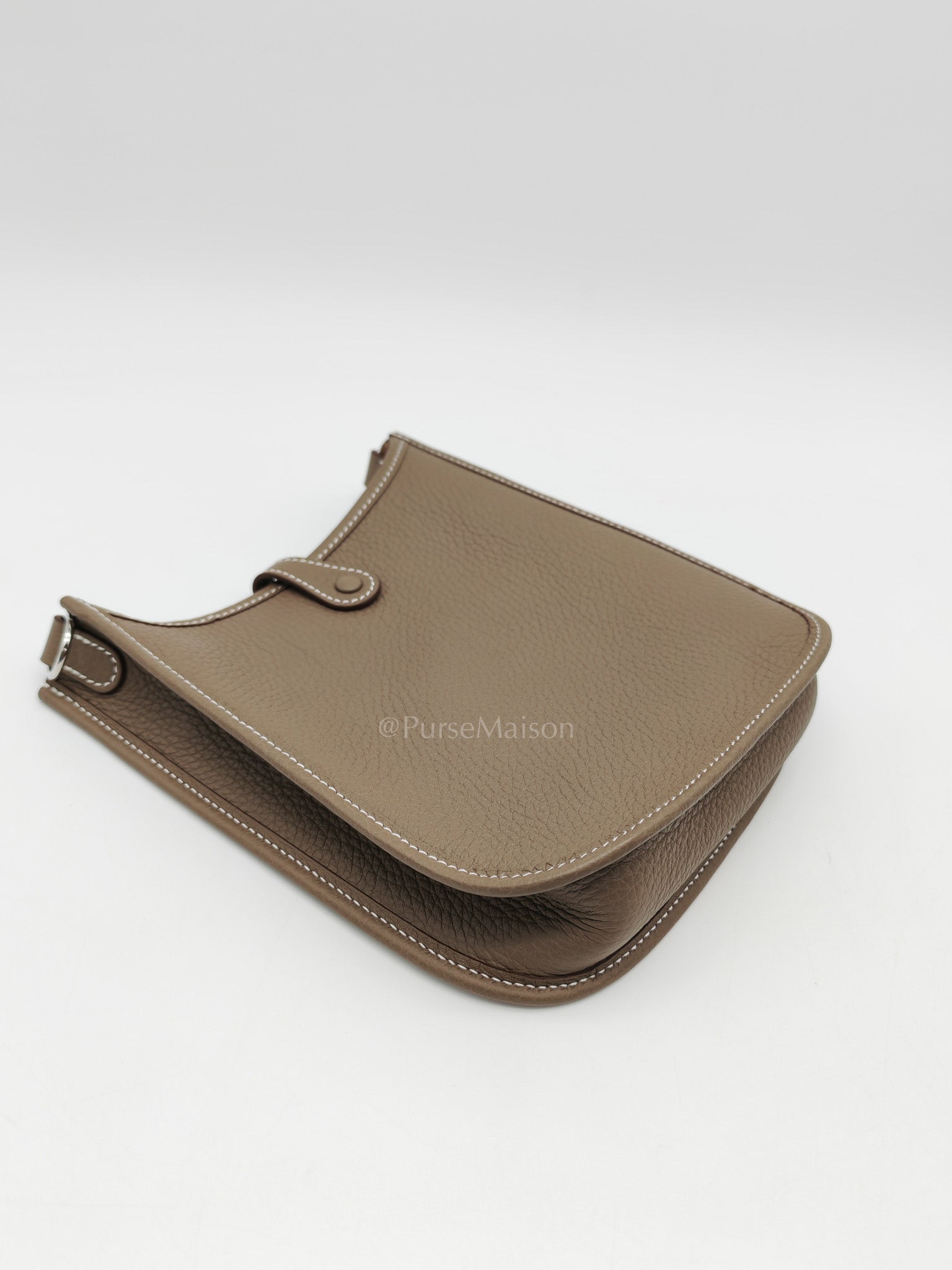Hermes Evelyne 16 Amazone in Etoupe Clemence Leather with Navy Blue Strap Palladium Hardware Stamp K(2025)