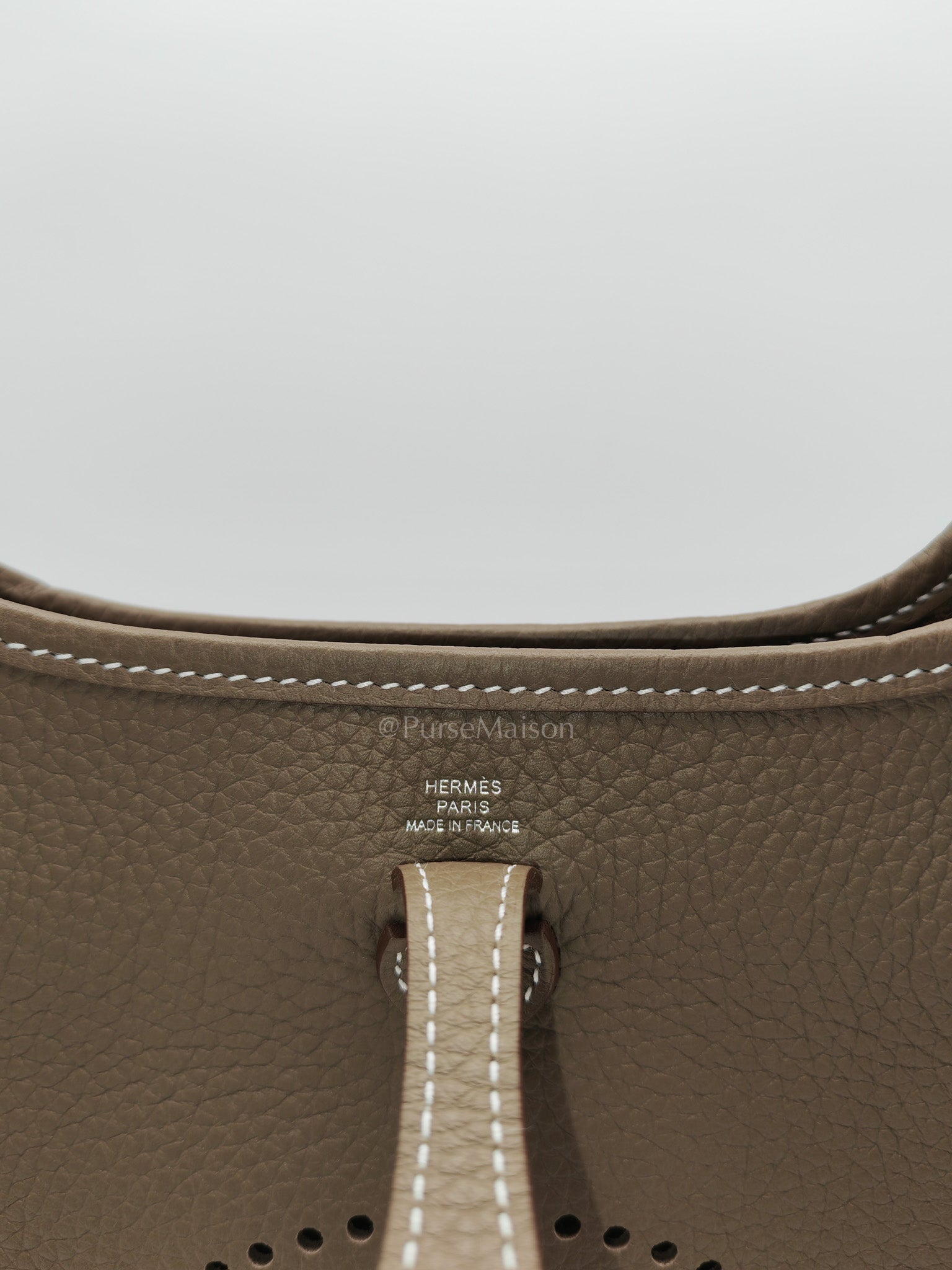 Hermes Evelyne 16 Amazone in Etoupe Clemence Leather with Navy Blue Strap Palladium Hardware Stamp K(2025)