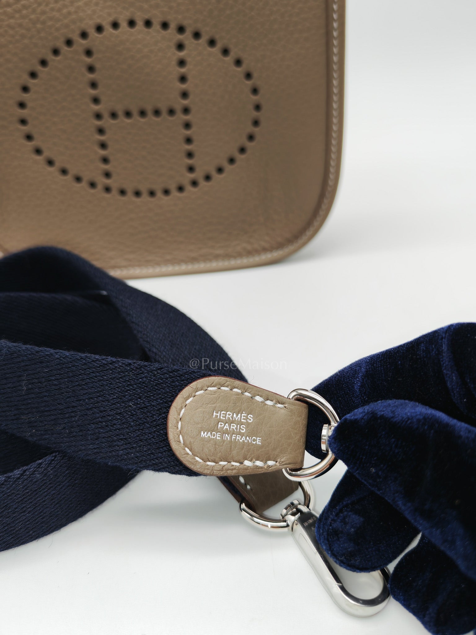Hermes Evelyne 16 Amazone in Etoupe Clemence Leather with Navy Blue Strap Palladium Hardware Stamp K(2025)