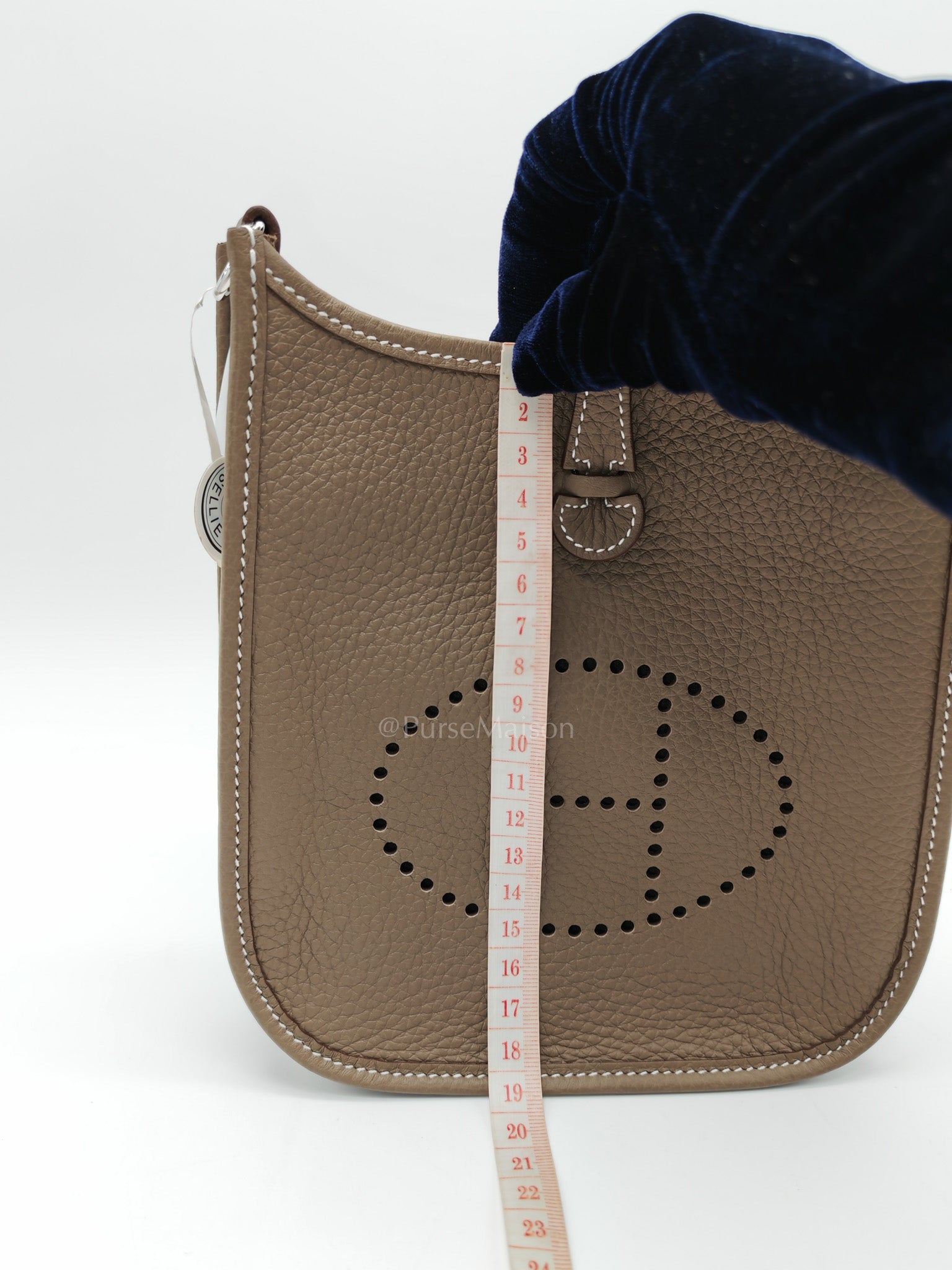 Hermes Evelyne 16 Amazone in Etoupe Clemence Leather with Navy Blue Strap Palladium Hardware Stamp K(2025)