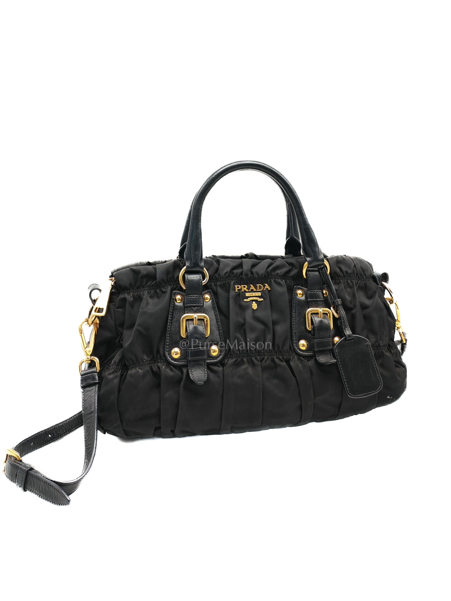 Tessuto Gauffre Satchel in Black Nylon Leather & Gold Hardware | Purse Maison Luxury Bags Shop