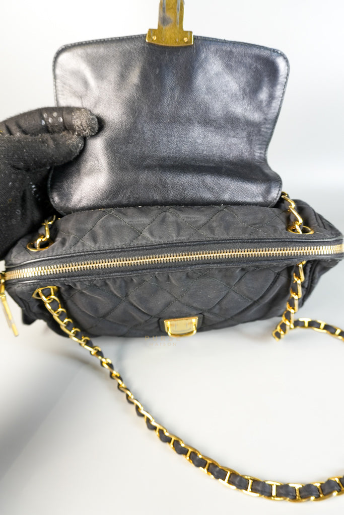 Tessuto Impuntu Black Nylon Quilted Flap Chainlinked Bag | Purse Maison Luxury Bags Shop