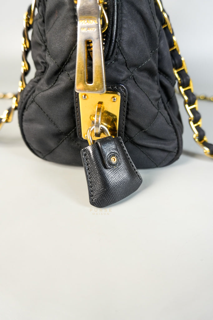Tessuto Impuntu Black Nylon Quilted Flap Chainlinked Bag | Purse Maison Luxury Bags Shop